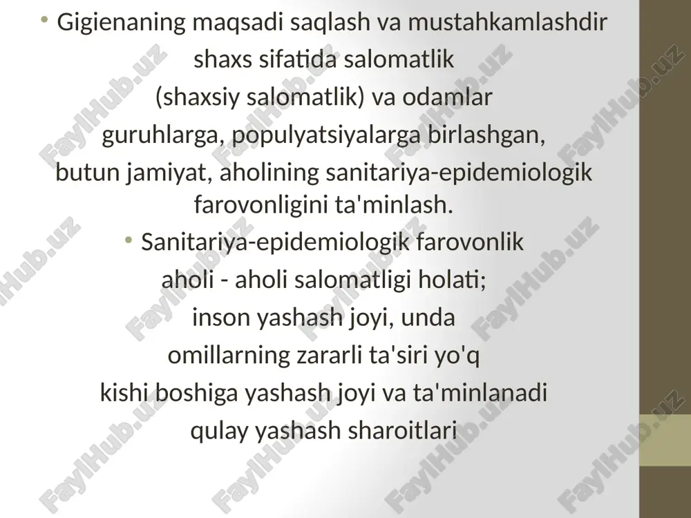 ini olish (kamaytirish). uning sabablari, shartlari, xavf omillariga ta'siri. o'tkazish mumkin aholining umumiy darajasi (aholining gigienik ta'limi va tarbiyasi, davlat siyosati darajasiga ko'tarilgan) yoki tor doirada yo'naltirilgan bo'lishi mumkin (omil va sharoitlarni bartaraf etish yoki tekislash bo'yicha aniq chora-tadbirlar). sog'liq muammolariga olib keladi). ikkilamchi profilaktika - kasalliklar tarqalishining oldini olish erta tashxis qo'yish va o'z vaqtida davolash orqali. uchinchi darajali profilaktika - oldini olish uchun chora-tadbirlar majmui belgilangan kasalliklarning rivojlanishi va relapslarning oldini olish, o'tish usullarni keng qo'llash asosida kasalliklarni yanada og'ir shaklga o'tkazish terapiya va reabilitatsiya. to'rtlamchi profilaktika - bu maqsadli chora-tadbirlar majmui mahkum bemorlar uchun hayotning munosib yakunini ta'minlash. gigiena va gigienani farqlash ularning rivojlanishining hozirgi bosqichidagi amaliyotlar kommunal gigiena (aholi punktlari gigienasi): • rejalashtirish va ishlab chiqish uchun gigienik talablarni ilmiy asoslash aholi punktlari; • atmosfera muhitini sanitariya muhofazasi bo'yicha chora-tadbirlarni ilmiy asoslash; • suv havzalarini sanitariya muhofazasi bo'yicha chora-tadbirlarni ilmiy asoslash; • aholini sog'lom turmush tarzi …