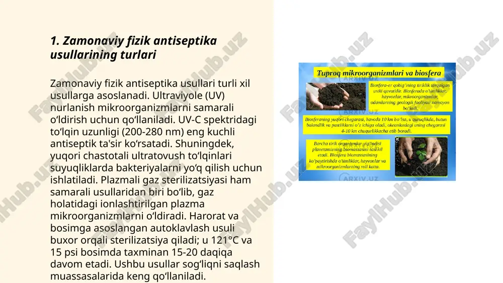 lozim. ... t.me/slaydai_bot issiqlik bilan antiseptika mikroorganizmalarni yo'q qilishda samarali usul hisoblanadi. asosan 60°c dan yuqori haroratda mikroblar o'ladi. pasteurizatsiya usuli 63°c da 30 daqiqa yoki 72°c da 15 soniya davomida qo'llaniladi. avtoklavda sterilizatsiya esa 121°c da 15-20 daqiqa davom etadi, bu qo'ziqorinlar, bakteriyalar va ularning endosporalarini yo'qotadi. qaynash usuli ham foydalaniladi, bunda suvni 100°c ga yetkazib, 10-15 daqiqa davomida foydalaniladi. ushbu usullar kasalxona jihozlari, oziq-ovqat mahsulotlari va tibbiye asboblarni dezinfeksiya qilishda keng qo'llaniladi. issiqlik bilan antiseptika mikroblarning ko'payishini to'xtatadi, kasalliklarning tarqalishini oldini oladi va gigiena standartlariga erishishga yordam beradi. ... t.me/slaydai_bot 7. sovuq bilan antiseptika (krioantiseptika) krioantiseptika yoki sovuq bilan antiseptika — past harorat yordamida mikroblarni yo'qotish usuli. ushbu metodda harorat -20°c dan -196°c gacha bo'lishi mumkin. sovuq harorat mikroorganizmlarni o'ldiradi yoki ularning ko'payishini sekinlashtiradi. krioantiseptika tibbiyotda, kosmetologiyada va oziq-ovqat sanoatida qo'llaniladi. sovuq ta'sirida hujayra ichidagi suv muzlab, hujayralarning shikastlanishiga olib keladi va mikroorganizmlarni o'ldiradi. liquid nitrogen (-196°c) ko'p …