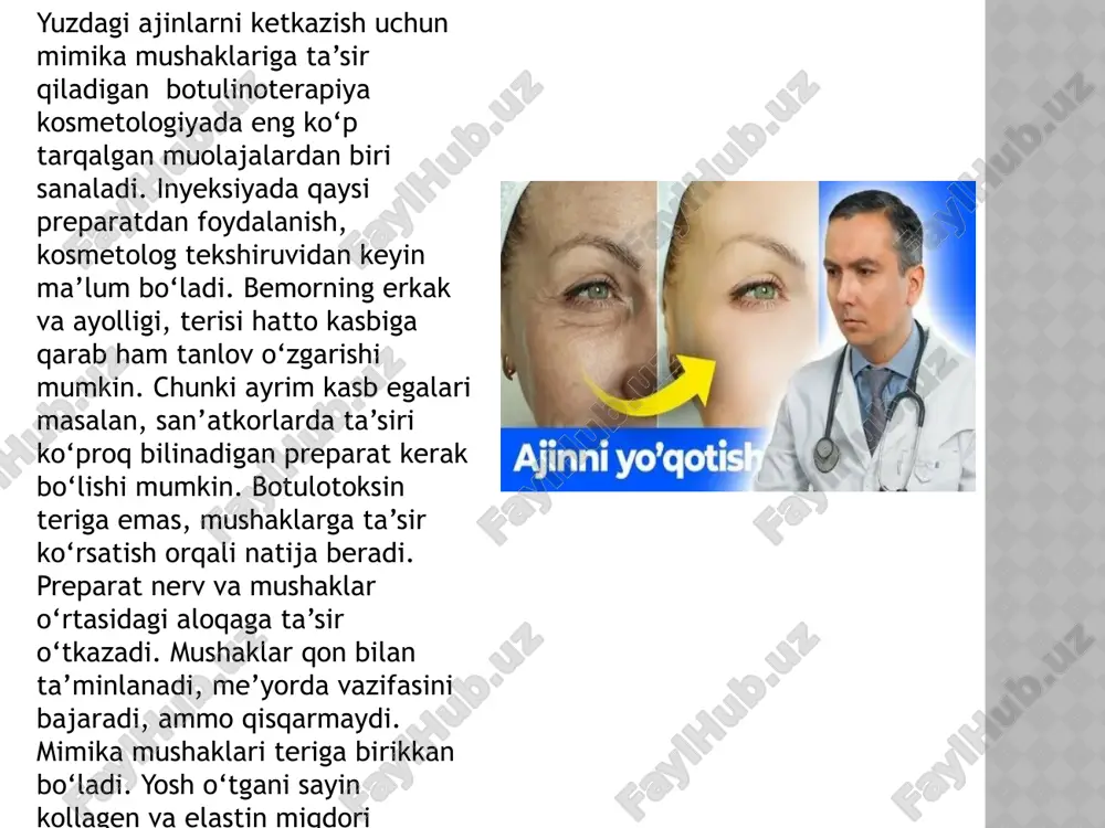 regeneratsiyasi va kollagen-elastin tolalarning yangilanishi, shuningdek, teri rangi va ko‘rinishini yaxshilaydi. fillerlar yoshga xos o‘zgarishlarni korreksiyasi uchun qo‘llanadigan fillerlar asosida gialuron kislotasi bo‘ladi va undan kontur plastikasi uchun foydalanilganda terida kamida bir oy turadi. ammo aksari hollarda qanchalik uzoq turishi turmush tarzi hamda kishida mavjud kasalliklarga ham bog‘liq bo‘ladi. masalan, gipoteriozda gialuronidaz fermenti miqdori yuqori bo‘ladi va bu gialuron kislotasiga salbiy ta’sir qiladi. fillerlarni shartli ravishda uchga bo‘lish mumkin: yumshoqroq fillerlar peshona, ko‘z burchagidagi va burun atrofidagi kichik ajinlar va labni nomiga namlantirish uchun ishlatiladi. o‘rtacha fillerlar bo‘yindagi ajinlar, burun atrofidagi va lab kontur plastikasi, osilib qolgan og‘iz burchagini yuqoriga ko‘tarish shuningdek, quloq plastikasida ham ishlatiladi. qattiq fillerlar yanoqlarni kattalashtirish, iyak va chakakni, aniqroq aytganda yuz shaklini o‘zgartirish va undagi ayrim qismlarga urg‘u berishda foydalaniladi. lipolitiklar lipolitik yog‘ni parchalash xususiyatiga ega bo‘lgan preparatlar bevosita to‘g‘ridan to‘g‘ri yoki to‘g‘ri yog‘ hujayralariga ta’sir qilmaydiganga bo‘linadi. ikkinchisi mikrosirkulyatsiyani yaxshilab, ozishga ta’sir qilishi mumkin.yog‘ …