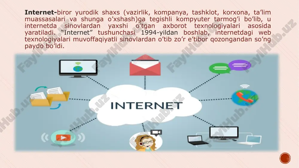 alar world digital library – unesco tomonidan yaratilgan, dunyo bo’ylab tarixiy hujjatlar va xaritalar. europeana - yevropa mamlakatlarining madaniy va tarixiy meroslarini o’z ichiga oladi. galicca – fransiya tarixiga oid ko’plab materiallar mavjud. tarixiy xaritalar david rumsey map collection old maps online tarixiy xaritalarning katta kolleksiyasi. turli arxivlardagi eski xaritalarni qidirish. ziyo.net ziyonet jamoat ta'lim tarmog'i 2005 yil hukumat qarorlariga muvofiq tashkil topgan. ziyonet tarmog'ining asosiy maqsadi ta'lim tizimida respublika yoshlari hamda ta'lim oluvchilarning bilim olish jarayonida axborot-kommunikasiya xizmatlarini tadbiq etishdir. ziyonet tarmog'i resurs markazining asosiy vazifalari quyidagilardan iborat: ta'lim muassasalarini ulash monitoringi; veb-texnologiyalar orqali axborot resurslardan keng qamrovda va xavfsiz foydalanish; axborot-ta'lim resurslarini birlashtiradigan texnologik maydonchani tuzish va rivojlantirish; yoshlarni, o'qituvchilarni ta'lim muassasalari va ta'lim sohasiga bog'liq yoki qiziqqan boshqa ijtimoiy qatlamlarni o'zaro birlashtiradigan virtual jamiyatni yaratish. global tarmoqlar avvaliga turli hududlarda, masalan boshqa shahar va davlatlarda joylashgan kompyuterlarni birlashtiruvchi global tarmoqlar vujudga kelgan (wide area networks, wan). kompyuter …
