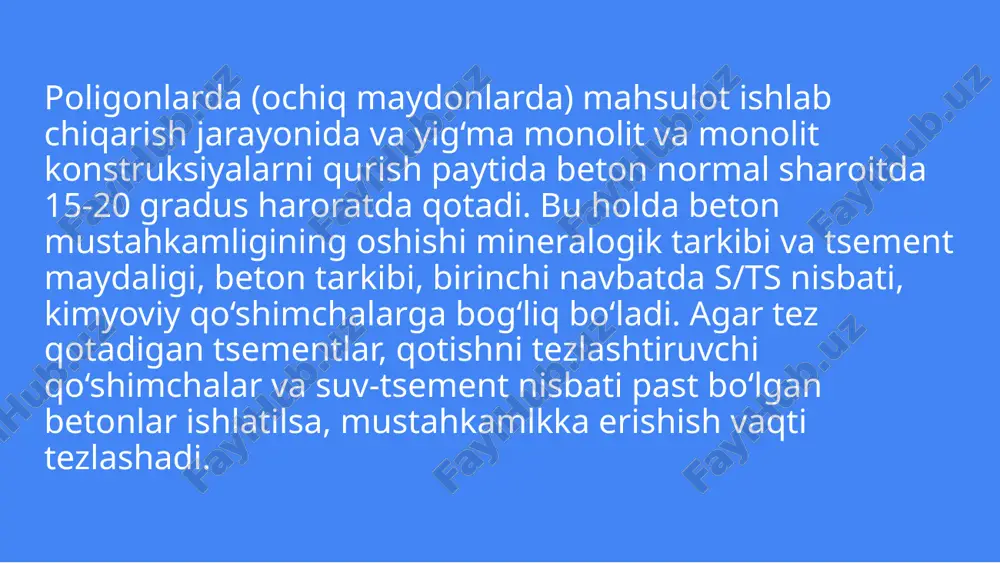 ch bo‘lgan qobiqning hosil bo‘lishi natijasida sement zarrasi ichiga suvning kirishi qiyinlashishi va gidratlanish jarayonining sekinlashuvi, ayrim hollarda esa butunlay to‘xtab qolishi hisoblanadi. beton strukturasi beton qorishmasining qotishi natijasida shakllanadi.uning qoliplashiga sementning tishlashishi va qotishi hal qiluvchi ta’sir ko‘rsatadi.sement suv bilan aralashtirilgandan so‘ng boshlang‘ich davrda uch kaltsiyli silikat gidrolizi jarayonida kaltsiy gidroksidi ajralib, to‘ydirilgan qorishma hosil qiladi. bu qorishmada sulfat, gidroksid va ishqor ionlari, shuningdek oz miqdordagi kremnezem, glinozem va temir moddalari mavjud bo‘ladi. kaltsiy va sulfat ionlarining yuqori konsentratsiyasi qorishtirishdan keyin qisqa vaqt ichida kuzatiladi, chunki bir necha daqiqa mobaynida yangi paydo bo‘ladigan moddalar — kaltsiy gidroksisi va ettringit cho‘ka boshlaydi. bu jarayon juda jadal kechadi.kalsiy gidrosilikati va ettiringint gʻovaklar orqali oʻtuvchi va mayda boʻlaklarga ajratuvchi uzun tolalar shaklida oʻsib chiqishi mumkin ,shu tarzda sement toshining asosiy strukturasi shakllanadi. xulosa beton qorishmasi suv va sementning gidratatsiyasi natijasida bosqichma-bosqich qotib, plastiklikdan toshsimon holatga o‘tadi. bu jarayonda kristall struktura hosil bo‘lib, …