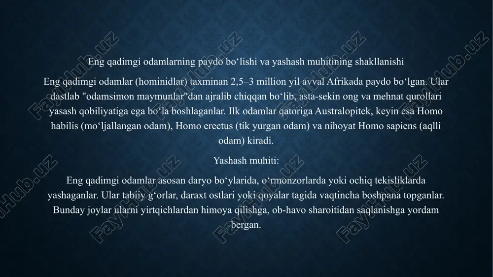 hlandi, tovar ayirboshlash (barter) keng tarqaldi.mehnat vositalari va texnologiyalar:dastlab oddiy tosh asboblardan foydalanilgan, keyin silliqlangan tosh, suyak va metall asboblar qo‘llanilgan.g‘ildirak ixtiro qilinishi transport va dehqonchilikda inqilob yasadi.qadimgi odamlarning mehnat faoliyati ularning omon qolishi, ijtimoiy tuzilmalarni rivojlantirishi va madaniyatni shakllantirishida asosiy rol o‘ynadi. eng qadimgi odamlarning dastlabki mehnat qurollari tosh, yog‘och va suyakdan yasalgan bo‘lib, ular odamzodning hayotini yengillashtirish va omon qolishiga yordam bergan. quyidagilar shular jumlasidandir: to‘mtoq tosh (chakka tosh) – odamlar dastlab o'tkirlanmagan toshlardan yirtqichlardan himoyalanish, mevalarni ezish yoki suyaklarni sindirish uchun o‘tkir toshlar (cho‘qqili toshlar) – bu toshlar hayvon terisini yirtish, go‘shtni ajratish yoki yog‘ochni kesish uchun ishlatilgan.yog‘och tayoq – qazish, o‘simlik ildizlarini chiqarish va oddiy qurol sifatida ishlatilgan.suyakdan yasalgan qurollar – baliq ovlash uchun tirgaklar, ignalar yoki kichik teshalar kabi buyumlar suyaklardan tayyorlangan. chakka bilan bog‘langan toshlar (bolta prototiplari) – toshni tayoqqa bog‘lab mustahkam mehnat quroli sifatida ishlatilgan. bu qurollar paleolit davriga, ya'ni taxminan 2,5 million …