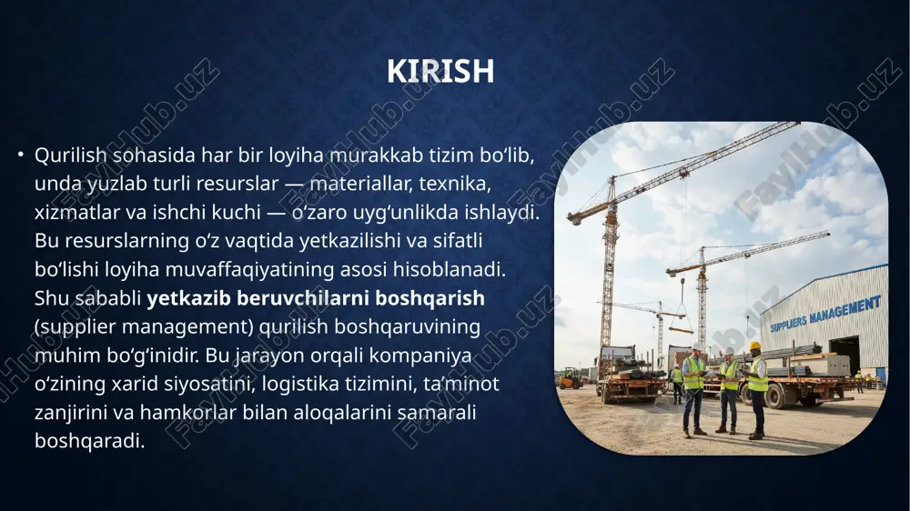 r) haftalik yig‘ilishlar sifat bo‘yicha hisobotlar mijoz va yetkazib beruvchi o‘rtasidagi muvofiqlashtiruvchi shaxs (supply coordinator) yaxshi aloqa loyihadagi kechikishlar, xatoliklar va tushunmovchiliklarning oldini oladi. risklarni boshqarish yetkazib beruvchilar bilan bog‘liq asosiy xavflar: yetkazib berish kechikishi sifatning pasayishi transportdagi yo‘qotishlar narxlarning o‘zgarishi huquqiy nizolar bularni kamaytirish uchun: zaxira yetkazib beruvchilarni tanlash sifat nazorat tizimini joriy etish shartnomalarda aniq javobgarlikni belgilash zarur. sifat nazorati va audit har bir yetkazib berilgan material sifat sinovidan o‘tishi kerak. sifat nazorati ikki bosqichda amalga oshiriladi: yetkazib beruvchida (fabrika sinovlari) qurilish maydonchasida (qabul qilish sinovlari) shuningdek, muntazam auditlar orqali yetkazib beruvchilarning ishonchliligi tekshiriladi. axborot texnologiyalarining roli zamonaviy qurilishda yetkazib beruvchilarni boshqarish erp, sap, bim, scm kabi raqamli platformalar orqali amalga oshiriladi. bu tizimlar yordamida: material harakati kuzatiladi yetkazib berish holati real vaqt rejimida ko‘rinadi xarajatlar va kechikishlar tahlil qilinadi raqamlashtirish inson xatosini kamaytiradi va tezkor qaror qabul qilish imkonini beradi. barqaror (sustainable) ta’minot barqarorlik tamoyillari qurilishda ekologik …