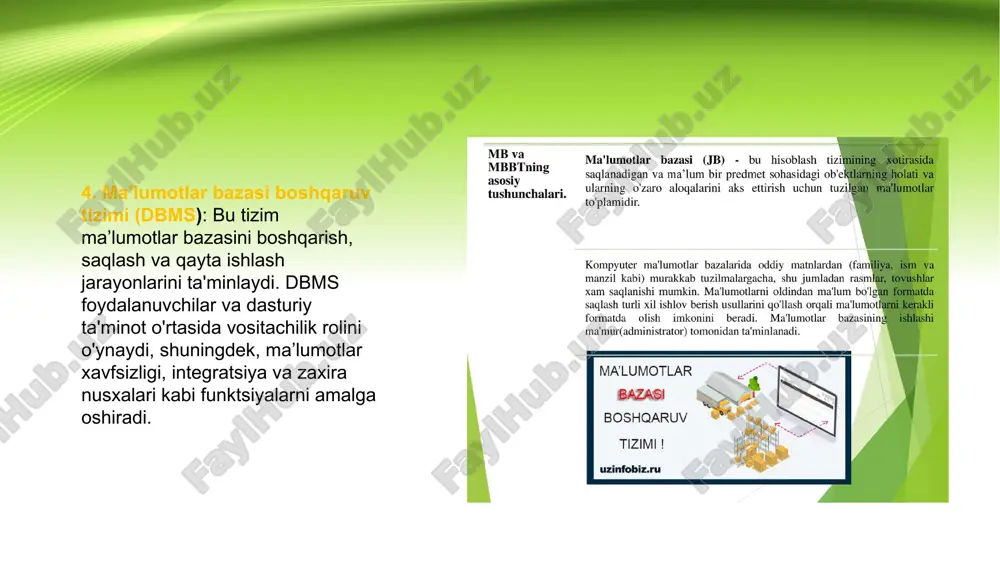 sql tili ishlatiladi. bu til yordamida ma’lumotlar bazasi ustida har xil operatsiyalarni (kiritish, yangilash, o'chirish, so'rash) amalga oshirish mumkin. nozaktalik: relyatsion model nazorat qilish va ma’lumotlarni manipulyatsiya qilishda yuqori darajadagi nazoratni ta'minlaydi. bu, ma’lumotlar ustida qo'shimcha cheklovlar (masalan, noyob qiymatlar, cheklovlar) qo'yish imkonini beradi. foydalanish relyatsion ma’lumot modeli ko'plab sohalarda keng qo'llaniladi, jumladan: biznes va moliya sog'liqni saqlash ta'lim e-tijorat tashkilotlar boshqaruvi ushbu modelning afzalliklari orasida oddiylik, moslashuvchanlik va ma’lumotlarni oson boshqarish imkoniyatlari mavjud. relyatsion ma’lumot modeli, shuningdek, murakkab ma’lumotlar tuzilmalarini saqlash va qayta ishlashda samarali bo'ladi. ma’lumotlar bazasida munosabatlar. ma'lumotlar bazasida munosabatlar (yoki "relationships") turli jadval va ma'lumotlar orasidagi bog‘lanishlarni aniqlash uchun ishlatiladi. ma'lumotlar bazasida munosabatlar uch asosiy turga bo'linadi: birga-bir munosabatlar (one-to-one): birga-ko'p munosabatlar (one-to-many): ko'pga-ko'p munosabatlar (many-to-many): birga-bir munosabatlar (one-to-one relationship) bu munosabatda ikkita jadval o‘zaro bir-biriga mos tushadi, ya'ni bir jadvaldagi bir yozuv boshqa jadvaldagi faqat bitta yozuv bilan bog'lanadi. bu munosabat unique kalitlar va primary …