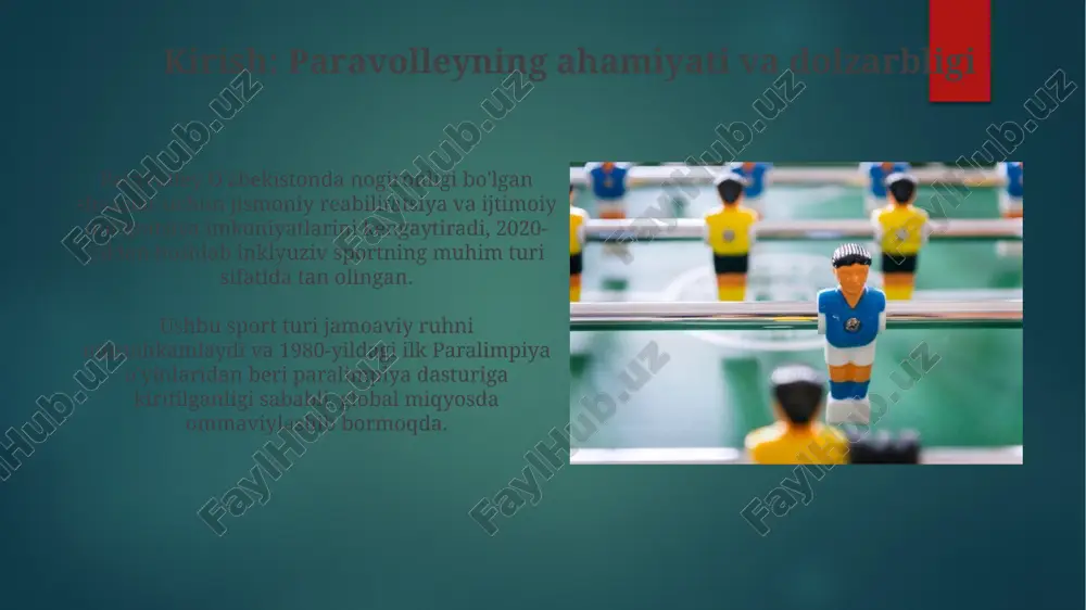 h: tibbiy xizmatni takomillashtirish va sportchilarning salomatligini monitoring qilish sportchilarning salomatligini monitoring qilishda zamonaviy tibbiy texnologiyalar, jumladan, yurak-qon tomir tizimi va mushak-skelet tizimini baholash usullari keng qo'llaniladi, bu esa erta profilaktikaga yordam beradi. tibbiy xizmat ko'rsatishning sifatini oshirish maqsadida sport shifokorlari va reabilitologlar uchun muntazam ravishda malaka oshirish kurslari tashkil etiladi, bu esa tibbiy yordamni yaxshilaydi. 9-bosqich: homiylarni jalb qilish va moliyaviy barqarorlikni ta'minlash 9-bosqichda paravolley jamoalarining 20% ​​ga homiylik qilish maqsadida ommaviy axborot vositalari bilan hamkorlikda 10 ta marketing kampaniyasi o'tkaziladi. homiylar uchun maxsus takliflar ishlab chiqiladi, masalan, 3 yillik shartnoma tuzgan homiylarga soliq imtiyozlari va reklama joylari beriladi. xulosa: paravolleyning bugungi holati va kelajakdagi istiqbollari paravolley bo'yicha milliy terma jamoalarimiz 2024-yilgi paralimpiya o'yinlariga yo'llanma olish uchun faol tayyorgarlik ko'rmoqda, bu esa mamlakatda sportning rivojlanish istiqbolini belgilaydi. o'zbekistonda paravolley infratuzilmasini yaxshilash bo'yicha davlat dasturlari ishlab chiqilmoqda, jumladan, 15 ta yangi o'quv markazlari tashkil etish rejalashtirilgan. e'tiboringiz uchun rahmat image7.jpg …