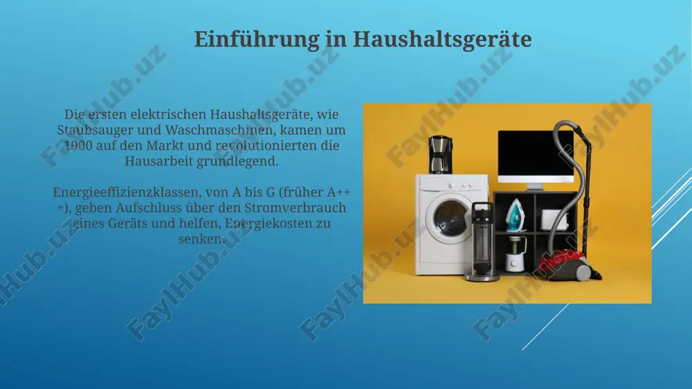 s zu 100 euro sparen und co2-emissionen reduzieren. sicherheitshinweise für haushaltsgeräte überprüfen sie regelmäßig die stromkabel auf beschädigungen; defekte kabel (din vde 0701-0702) müssen umgehend von fachleuten ausgetauscht werden, um brandgefahr zu vermeiden. reinigen sie filter von dunstabzugshauben und trocknern regelmäßig gemäß bedienungsanleitung, da sich fett und staub ansammeln und die brandgefahr erhöhen können. trends und innovationen bei haushaltsgeräten vernetzte geräte mit 5g-technologie ermöglichen echtzeit-datenaustausch und optimieren den energieverbrauch um bis zu 15% durch intelligente algorithmen und vorausschauende wartung. nachhaltigkeit treibt innovationen an: kühlschränke verwenden jetzt natürliche kältemittel wie propan (r290) mit einem gwp von unter 5, was die umweltbelastung deutlich reduziert. vielen dank für ihre aufmerksamkeit image2.jpg image3.jpg image4.jpg image5.jpg image6.jpg image7.jpg image8.jpg image9.jpg image10.jpg image11.jpg image12.jpg image13.jpg