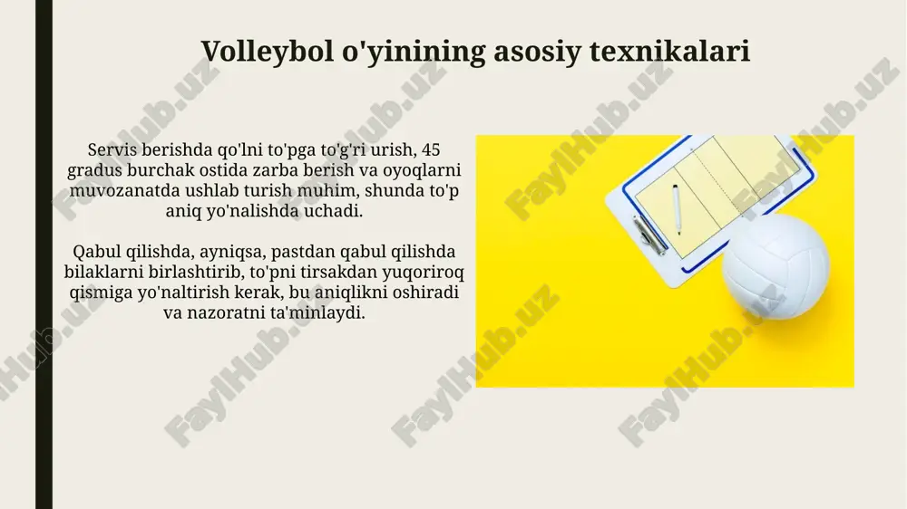 inchilari uchun 4-2 taktikasidan foydalanish hujum variantlarini ko'paytiradi, chunki ikki ulanuvchi hujumchilarga ko'proq pas berish imkoniyatini yaratadi. blok qo'yishda 3-1-2 pozitsiyasini qo'llash markaziy blokni kuchaytiradi va qanotlardagi hujumlarga tezroq javob berish imkoniyatini oshiradi. mashqlar va mashg'ulotlar mashqlar davomida takroriy sakrashlar, taxminan 10-15 daqiqa davomida, oyoq mushaklarini kuchaytiradi va vertikal sakrash balandligini oshirishga yordam beradi, bu esa blok qo'yish va hujum qilish uchun muhimdir. volleyball mashg'ulotlarida, masalan, '3x6' mashqi (3 marta 6 ta takrorlash) hujumchi chizig'ida tezlik va chidamlilikni rivojlantirishga qaratilgan bo'lib, hujum variantlarini yaxshilaydi. e'tiboringiz uchun rahmat image2.jpg image3.jpg image4.jpg image5.jpg image6.jpg image7.jpg image8.jpg image9.jpg image10.jpg image11.jpg image12.jpg image13.jpg