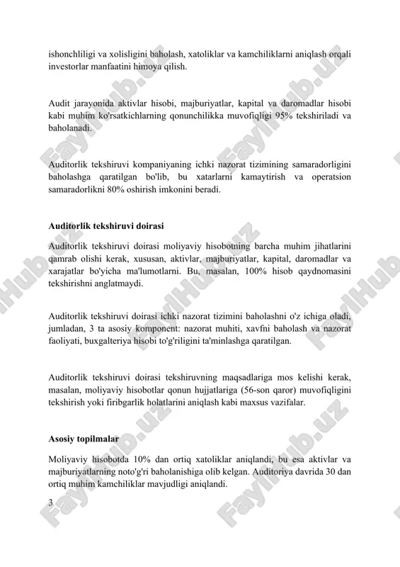 ortadi. ichki nazorat tizimidagi zaifliklar firibgarlikning ko'payishiga olib kelishi mumkin, chunki qoidabuzarliklar aniqlanmay qolishi ehtimoli yuqori, bu esa katta moliyaviy yo'qotishlarga olib keladi. axborot texnologiyalari nazoratidagi zaifliklar ma'lumotlarning buzilishiga sabab bo'lishi mumkin, natijada qarorlar qabul qilishda xatoliklar yuzaga keladi va operatsion samaradorlik pasayadi. moliyaviy hisobotlardagi xatolar moliyaviy hisobotlardagi xatolar aktivlarni noto'g'ri baholashni o'z ichiga olishi mumkin, masalan, amortizatsiya usulini noto'g'ri qo'llash natijasida asosiy vositalarning qiymati oshirilishi. xatolarga daromadni tan olish mezonlariga rioya qilmaslik kiradi; masalan, 15-sonli xbs (xalqaro buxgalteriya standarti) talablariga zid ravishda, xizmat ko'rsatish to'liq yakunlanmasdan daromadni hisobga olish. qarz majburiyatlari va ularga tegishli foiz xarajatlarini noto'g'ri aks ettirish moliyaviy hisobotlardagi muhim xatolardan biri hisoblanadi; bu balans hisobotida xatoliklarga olib kelishi mumkin. qonunchilikka rioya etmaslik qonunchilikka rioya qilmaslik soliq to'lashdan bo'yin tovlash, 164-modda, jc orqali jinoiy javobgarlikka olib kelishi mumkin, bu yerda yirik miqdordagi jarimalar yoki ozodlikdan mahrum etish ko'zda tutilgan. mehnat qonunchiligini buzish, masalan, 40 soatdan ortiq ish …