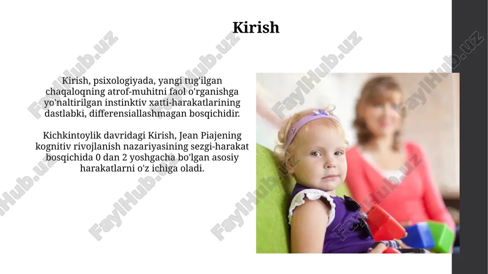 oddlerlik davrida (1-3 yosh) emotsional regulatsiya rivojlanadi, lekin hali ham tashqi omillarga bog'liq. 18-24 oylikda xijolat va mag'rurlik kabi murakkab tuyg'ular paydo bo'ladi. ijtimoiy rivojlanish ijtimoiy rivojlanish, 0-3 yoshda, birinchi navbatda, bog'lanishni o'z ichiga oladi, bunda bolalar asosiy g'amxo'rlar bilan mustahkam aloqalar o'rnatadi, bu kelajakdagi munosabatlar uchun poydevor bo'ladi. 2 yoshga kelib, bolalar boshqalar bilan o'zaro ta'sir o'tkazishni boshlaydilar, lekin o'yin ko'pincha parallel bo'ladi. empatiyaning dastlabki shakllari 18-24 oylikda namoyon bo'ladi, lekin to'liq rivojlanmagan. biriktirma nazariyasi biriktirma nazariyasi, 1950-yillarda jon boulbi tomonidan ishlab chiqilgan bo'lib, chaqaloq va g'amxo'r shaxs o'rtasidagi hissiy bog'lanishning ahamiyatini ta'kidlaydi. ushbu nazariyaga ko'ra, 6 oylikdan 3 yoshgacha bo'lgan bolalar g'amxo'rlik qiluvchi odam bilan mustahkam bog'lanishga intiladi, bu ularning xavfsizligini va omon qolishini ta'minlaydi. temperament temperament bolaning 9 ta o'lchov bo'yicha namoyon bo'ladigan individual xususiyatlari majmuidir, masalan, faollik darajasi va moslashuvchanlik, bu xususiyatlar barqaror bo'lib, xulq-atvorga ta'sir qiladi. ba'zi tadqiqotchilar temperamentni 3 ta asosiy toifaga ajratadilar: "oson" …