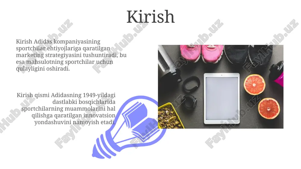 aralarini bosib o'tishga ilhomlantirib, lioneli messi va boshqa global sport yulduzlarini namoyish etdi. kompaniyaning 'here to create' kampaniyasi sportchilarga o'z ijodiy qobiliyatlarini sportda ishlatishga undadi, 2016 yilgi rio olimpiadasi kabi yirik tadbirlarda namoyish etildi. bo'limlar va maqsadli auditoriya adidas turli sport turlari bo'yicha bo'limlarga ega, masalan, futbol, ​​basketbol va yugurish, ularning har biri ma'lum sportchilar ehtiyojlarini qondirish uchun mo'ljallangan. kompaniyaning maqsadli auditoriyasi yuqori ko'rsatkichlarga erishishga intilayotgan professional sportchilardan tortib, faol hayot tarzini olib boruvchi havaskorlargacha bo'lgan sportchilarni o'z ichiga oladi. brendning pozitsiyasi va raqobat 01 02 adidas o'zining marketingida ishlashga yo'naltirilgan brend sifatida pozitsiyalanadi, nike kabi raqobatchilardan ustun turish uchun innovatsion mahsulotlar va sportchilarni qo'llab-quvvatlash orqali. sales 1st qtr 2nd qtr 100 0 sales 1st qtr 2nd qtr 100 0 muvaffaqiyat o'lchovlari va kpi sotish hajmi o'sishi, daromadlilik ko'rsatkichlari (masalan, yalpi foyda marjasi) va bozor ulushi kabi moliyaviy kpilar brendning muvaffaqiyatini aniqlashda muhim ahamiyatga ega. mijozlar ehtiyojini qondirish darajasi (nps) …