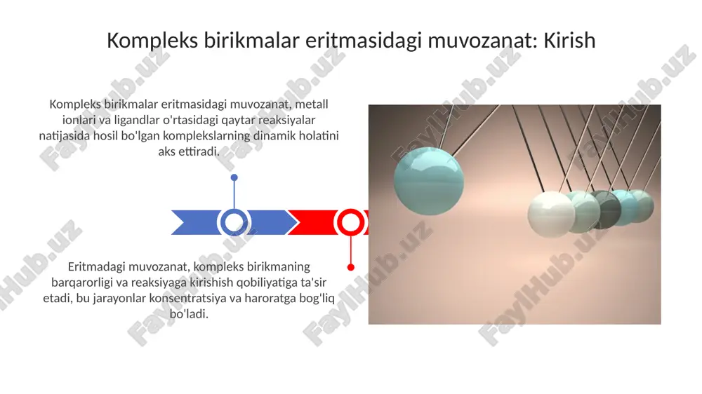 il qilgan kompleksga nisbatan 10^2-10^3 marta barqarorroq bo'lishini tushuntiradi. chelatlar va ularning barqarorligi metall ionlarining eritmadagi turlari metall ionlari eritmalarda akva ionlar ko'rinishida bo'lishi mumkin, masalan [fe(h₂o)₆]³⁺, bu yerda 6 ta suv molekulasi metall ionini o'rab oladi va uning zaryadini barqarorlashtiradi. eritmadagi metall ionlari turli xil ligandlar bilan kompleks birikmalar hosil qilishi mumkin. misol uchun, [cu(nh₃)₄]²⁺ tetraaminkuper (ii) kompleksi to'rtta ammiak molekulasini o'z ichiga oladi. kompleks birikmalarning amaliy ahamiyati kompleks birikmalar sanoatda metallarni ajratib olishda muhim rol o'ynaydi, masalan, nikelni karbonil usuli orqali tozalashda tetrakarbonilnikel (ni(co)4) hosil bo'lishi muhim. tibbiyotda, kompleks birikmalar dori vositalarida keng qo'llaniladi. misol uchun, sisplatin (ptcl2(nh3)2) saraton kasalligini davolashda dnk bilan bog'lanish orqali ta'sir ko'rsatadi. xulosa va muhokama kompleks birikmalarning eritmalaridagi muvozanatni o'rganish, turli ionlar kontsentratsiyalariga bog'liq bo'lgan barqarorlik konstantalarini aniqlash orqali amalga oshiriladi. ushbu ko'rsatkichlar, muvozanat holatida ligandlar bilan metall ionlarining bog'lanish darajasini aks ettiradi. barqarorlik konstantalari, kompleks ion hosil bo'lish reaksiyasining muvozanat konstantasidir; yuqori …