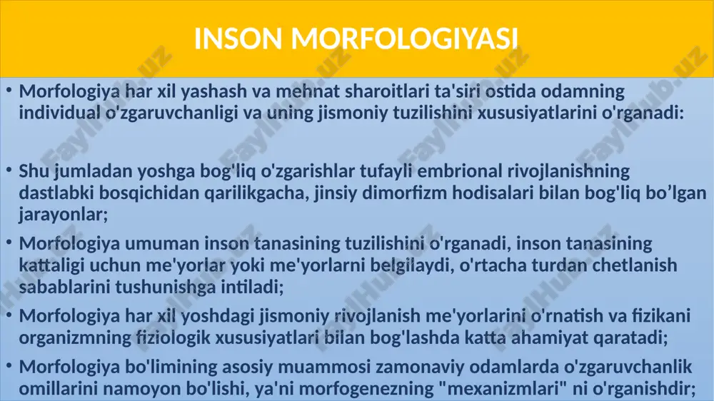h), insonning biologik mavjudot sifatida madaniyat va tabiiy muhit bilan moslashuvchan o'zaro ta'siri. morfologiyaning bo'linmalaridan biri - somatologiya tana tuzilishi va shaxs turi o'rtasidagi bog'liqlikni o'rganishga mo'ljallangan. jismoniy antropologiyaning vazifalari - zamonaviy odamlarning biologik xilma -xilligini ilmiy tavsiflash va bu xilma -xillikning sabablarini izohlash. tadqiqot usullari: a) morfologik; b) genetik (ayniqsa populyatsion genetika); v) demografik (demografiya va populyatsiya genetikasi o'rtasidagi bog'liqlik); d) fiziologik va morfofiziologik (ekologiya va odamning moslashuvi); e) psixologik va neyropsixologik (antropologiya va nutq va tafakkurning paydo bo'lishi muammosi; irqiy psixologiya); f) etnologik (primatologiya va insoniyat jamiyati va oilasining paydo bo'lishi); g) matematik (biologik statistika va uning antropologiyaning barcha bo'limlari uchun o'rni). antropologiya va inson salomatligini o'rganishning tibbiy jihatlari tibbiy antropologiyaning ob”ekti - bu inson organizmi, uzviy, uzluksiz uzgaruvchan sistema sifatida, uziga xos tuzilishi va rivojlanishiga ega. tibbiy antropologiya vazifalari - insoniyat populyatsiyasini o'rganish, ekstremal sharoitda yashaydigan guruhlarning biologik va fiziologik xususiyatlarini taqdim etish; biological o'xshash biologik sharoitga …