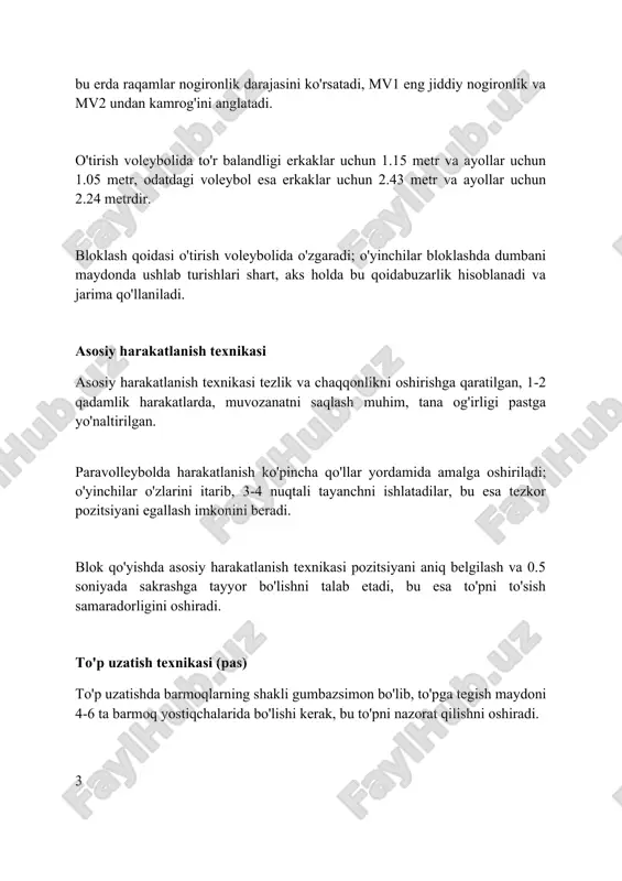 radi. blok qo'yish texnikasi blok qo'yishda asosiy maqsad - hujumchi zarbasini to'sish, himoya hududini qisqartirish va jamoaga imkon qadar 1 ochko qo'shish uchun 2-3 metr balandlikda qo'llarni ko'tarish hisoblanadi. blok qo'yish taktikasi birinchi temp hujumlariga qarshi tezkor harakat qilishni, raqib o'yinchisining pozitsiyasini aniqlashni va 2-3 o'yinchi bilan birgalikda bloklashni o'z ichiga oladi. blok qo'yishda qo'llar to'rga yaqin joylashishi, barmoqlar yuqoriga qaratilgan bo'lishi va 45-60 gradus burchak ostida hujumchi tomon yo'naltirilishi muhim, bunda 1-2 soniya ichida to'p yo'nalishini to'g'ri aniqlash zarur. himoya texnikasi (dig) himoya texnikasida (dig) qo'llar platformasi barqaror bo'lishi kerak, tirsaklar deyarli to'g'ri, ammo qulflanmagan bo'lishi muhim, shunda zarba energiyasi tarqaladi. to'pni oldindan o'qish va pozitsiyani to'g'ri egallash muhim, chunki himoya texnikasida (dig) to'pni 1 metrdan kamroq masofada kutib olish tezkor harakatni talab etadi. paravolleybolda himoya texnikasi (dig) o'yinchining past markazga ega bo'lishi, ya'ni tizzalar bukilgan holda, tana og'irligi esa oyoqlarning old qismida bo'lishini talab qiladi. servis turlari va …