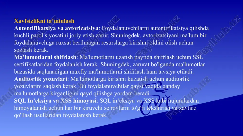 ri odbc interfeysi bir qancha qulayliklarga ega: platformadan mustaqillik: odbc yordamida har qanday operatsion tizimda ma'lumotlar bazasi bilan ishlash mumkin, chunki u platformaga bog'liq emas. ma'lumotlar bazasi turidan mustaqillik: turli ma'lumotlar bazalari uchun alohida dastur yozmasdan ularni odbc orqali bir xil interfeys orqali boshqarish mumkin. xavfsizlik: odbc yordamida foydalanuvchi autentifikatsiyasi va ma'lumotlar shifrlashni qo'llab-quvvatlash mumkin. keng foydalanish: odbc ko‘plab dasturlash tillari va dasturiy ta'minotlar (masalan, c++, java, python) bilan mos keladi va keng ko'lamda qo'llaniladi. odbc komponentlari odbc quyidagi asosiy komponentlardan tashkil topadi: odbc drayveri: bu ma'lum bir ma'lumotlar bazasi bilan ishlash uchun yozilgan dasturiy ta'minot. har bir ma'lumotlar bazasi (masalan, oracle, mysql, postgresql) uchun alohida odbc drayverlari mavjud. odbc drayver menejeri: bu dasturiy ta'minot foydalanuvchi ilovasidan keladigan so'rovlarni tegishli drayverga yo'naltiradi va javoblarni qabul qiladi. odbc ma'lumot manbai: ma'lumot manbai konfiguratsiya fayli bo‘lib, unda ma'lumotlar bazasining nomi, server manzili va foydalanuvchi parollari kabi ma'lumotlar saqlanadi. odbc qo'llanilishi odbc ko'pincha …