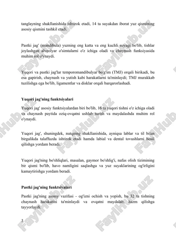 ki jag'lardagi o'zaro munosabatini anglatadi, bu esa optimal chaynash funktsiyasi va tmj sog'lig'i uchun muhimdir, ya'ni temporalmandibular qo'shilish. malokklyuziya, yoki noto'g'ri tishlash, tishlarning noto'g'ri joylashuvi natijasida kelib chiqishi mumkin, masalan, 2-sinf malokklyuziyasi, bunda yuqori jag' pastki jag'dan sezilarli darajada oldinda turadi. ideal tishlash, 1-sinf okklyuziyasi deb ataladi, unda yuqori jag'ning molyarlari pastki jag'ning molyarlariga mos keladi, bu esa tishlarning funktsional va estetik jihatdan to'g'ri joylashuvini ta'minlaydi. o'sish va rivojlanish o'sish jarayonida yuqori jag' suyaklari 18-25 yoshgacha rivojlanadi, bu vaqt davomida tishlar soni 32 taga yetishi mumkin, shu jumladan, uchinchi molar (aqllilik tishlari). pastki jag'ning rivojlanishi embrional davrda boshlanadi va yuz suyaklarining shakllanishida muhim rol o'ynaydi; uning uzunligi taxminan 9-10 sm ga yetishi mumkin. jag'larning o'sishi genetik omillar va ovqatlanish bilan bog'liq; d vitamini va kaltsiy yetishmasligi jag' suyaklarining noto'g'ri rivojlanishiga sabab bo'lishi mumkin. anomalilar va deformatsiyalar jag'ning retrognatiyasi, pastki jag'ning orqaga siljishi bilan xarakterlanadi, bu 2-sinf maloklyuziyasiga olib keladi, 3-5 …