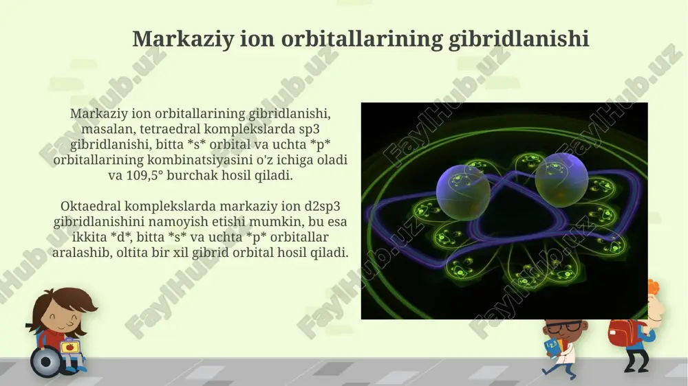 . gibridlanishni aniqlash usullari birinchi usul - vsepr nazariyasidan foydalanish, bunda markaziy atom atrofidagi elektron juftlari soni (bog'lovchi va bog'lanmagan) aniqlanadi va unga mos keladigan gibridlanish turi (sp, sp2, sp3) belgilanadi. ikkinchi usul - molekulyar geometriyani aniqlash orqali gibridlanishni bilish. misol uchun, tetraedrik shakl sp3 gibridlanishga, trigonal planar shakl sp2 gibridlanishga va chiziqli shakl sp gibridlanishga mos keladi. gibridlanishning ahamiyati va qo'llanilishi gibridlanish molekulalarning 3d shaklini bashorat qilishda muhim rol o'ynaydi, chunki u atomning valentlik elektronlari qanday tartibga solinishini aniqlaydi, masalan, sp3 gibridlanishi tetraedral shaklni hosil qiladi. gibridlanish kimyoviy reaksiyalarni tushuntirishda yordam beradi, chunki u bog'lanish energiyasi va bog' uzunligini o'zgartiradi. masalan, sp gibridlanishi sp3 dan ko'ra kuchliroq va qisqaroq bog'lanishga olib keladi. xulosa gibridlanish, masalan, sp3d2 gibridlanishi, molekulaning shaklini va reaktivligini aniqlashda muhim rol o'ynaydi, markaziy ionning 6 ta sigma bog' hosil qilish imkoniyatini tushuntiradi. markaziy ionning gibrid orbitalarining energiyalari 2s va 2p atom orbitalarining energiyalaridan farq qiladi; bu …