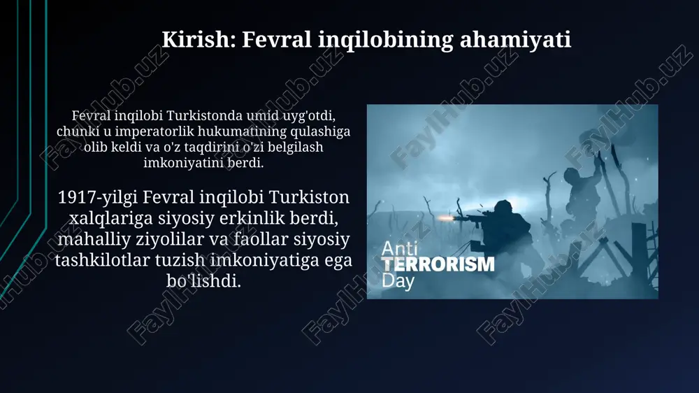 ilik siyosatini o'zgartirmadi, balki uni saqlab qolishga harakat qildi, bu mahalliy aholining noroziligiga sabab bo'ldi. muvaqqat hukumat turkiston milliy ziyolilarining avtonomiya talablarini rad etdi, buning o'rniga 1917-yil mart oyida turkiston qo'mitasini tuzdi, bu esa vaziyatni yanada keskinlashtirdi. turkiston qo'mitasining tuzilishi va faoliyati turkiston qoʻmitasi 1917-yil mart oyida petrograd ishchi va askar deputatlari kengashining tashabbusi bilan tuzilgan boʻlib, 9 aʼzodan iborat edi. qoʻmita tarkibiga mahalliy aholi vakillari kiritilgan boʻlsada, asosan, rus amaldorlari va kadetlar partiyasi aʼzolari hukmronlik qildi, bu esa norozilikka sabab boʻldi. iqtisodiy o'zgarishlar va qiyinchiliklar fevral inqilobi davrida turkiston xalqlarining iqtisodiy ahvoli yomonlashdi, soliqlar oshdi va 1916-yilgi qo'zg'olon qatnashchilariga jarimalar joriy etildi, bu esa xalqning noroziligini keltirib chiqardi. rossiya imperiyasi birinchi jahon urushiga jalb qilingani sababli turkiston o'lkasidan ko'plab resurslar olib ketildi, bu esa oziq-ovqat taqchilligi va narxlarning keskin oshishiga olib keldi. siyosiy partiyalarning shakllanishi fevral inqilobidan keyin jadidlar "shoʻroi islomiya" kabi siyosiy tashkilotlar tuzdilar, ularning soni 1917-yil oxiriga …