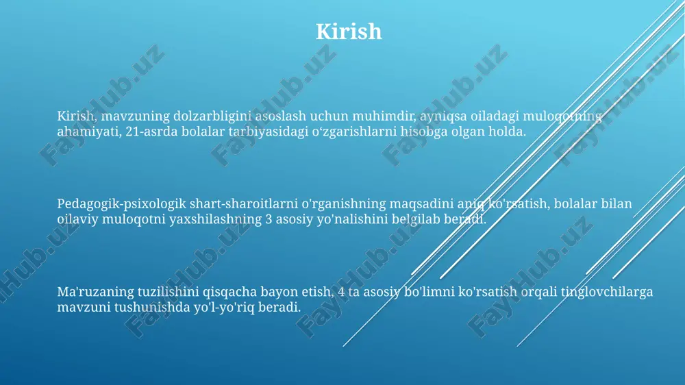 xologik xususiyatlarini inobatga olish tushuniladi. empatiyaning 5 asosiy komponenti (idrok, ta'sir, kognitiv, axloqiy, kommunikativ) bolaning fikrlash tarzini o'rganish va unga moslashishga yordam beradi. faol tinglash ko'nikmalari empatiya – bu bolaning his-tuyg'ularini tushunish va qabul qilish, 7 asosiy his-tuyg'uni (xursandchilik, qayg'u, g'azab) tan olish va ularni so'z bilan ifodalash orqali namoyon bo'ladi. faol tinglash – bu 80% tinglash va 20% gapirishdan iborat, bolaning fikrlarini to'liq tushunish uchun diqqatni jamlash, savollar berish va javoblarni qayta ishlash jarayonidir. tinglashda 3 asosiy to'siq mavjud: baholash (bolaning fikrini tanqid qilish), filtrlash (faqat o'zingizga mos keladigan ma'lumotlarni tinglash) va maslahat berish (muammolarni hal qilishga urinish). samarali muloqot usullari «faol tinglash» usuli bolaning fikrini to‘liq ifodalashiga imkon beradi, bunda 80% tinglash va 20% savol berish orqali muloqot o‘rnatiladi. empatiya orqali muloqotda bolaning his-tuyg'ularini tushunish, 70% verbal va 30% noverbal signallarni anglash orqali uning nuqtai nazarini qabul qilish muhimdir. «men-xabarlar» usuli orqali o‘z his-tuyg‘ularingizni ifodalash, misol uchun, «men …