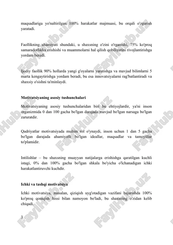 egratsiyalangan. deci va rayan 1985 yilda o’obnni rasman shakllantirdilar; u shaxslar faoliyatni davom ettirishda o’z tanlovlari va erkinliklarini his qilishlari muhimligini ko'rsatadi. kutish nazariyasi kutish nazariyasi motivatsiya kuchini baholashda 3 asosiy omilni hisobga oladi: kutish, instrumentalizm va valyuta, bu omillar 0 dan 1 gacha qiymatlarda ifodalanadi. ushbu nazariyaga ko'ra, xodimning motivatsiyasi, natijaga erishish ehtimoli (kutish), natijaning mukofotga olib kelishi (instrumentalizm) va mukofotning qiymati (valyuta) ko'paytmasiga teng. viktor vrum tomonidan ishlab chiqilgan kutish nazariyasi shuni ta'kidlaydiki, odamlar agar ularning harakatlari muvaffaqiyatga olib kelishiga, muvaffaqiyat ularga kerakli natijalarni berishiga ishonsalar motivatsiyaga ega bo'lishadi. maqsadga yo'naltirilganlik nazariyasi maqsadga yo'naltirilganlik nazariyasi, shaxsning 3 asosiy maqsadga (ustalik, yondashuv, qochish) erishish istagini, 2x2 maqsad tuzilmasida o'rganadi. ular motivatsiyaga ta'sir qiladi. nazariya o'quv jarayonida 4 ta maqsad yo'nalishini aniqlaydi: ustalikka yo'naltirilganlik, bajarishga yo'naltirilganlik, yondashish va qochish, bu natijalarga turlicha ta'sir ko'rsatadi. ustalikka yo'naltirilganlik (mastery approach) maqsadlari, bilim olish va rivojlanishga qaratilgan bo'lib, shaxsning 100% diqqatini yangi ko'nikmalarga …