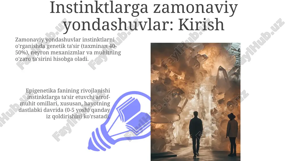 jriba bilan modifikatsiyalanadi. instinktlar buzilishi instinktlarning buzilishi 14-18 yoshdagi o'smirlarda xavfli xatti-harakatlarni keltirib chiqarishi mumkin, bu esa ularning o'z-o'zini saqlash instinktini susaytiradi. ba'zi autizm spektridagi buzilishlar 25-30% hollarda ijtimoiy instinktlarni buzadi, bu esa odamlarning aloqa o'rnatish qobiliyatiga ta'sir qiladi. psixologiyada instinktlar 01 02 instinktlar psixologiyada tug'ma xatti-harakatlar naqshlari sifatida tushuniladi, masalan, chaqaloqlarning emish refleksi, bu ularning 0-1 yoshida omon qolishini ta'minlaydigan muhim xususiyatdir. sales 1st qtr 2nd qtr 100 0 sales 1st qtr 2nd qtr 100 0 sun'iy intellektda instinktlarni modellashtirish sun'iy intellektda instinktlarni modellashtirish, 1-darajali reaktiv xatti-harakatlar uchun qaror qabul qilish algoritmlarini yaratishni o'z ichiga oladi, masalan, xavfdan qochish. instinktlarni modellashtirish 2-darajali evolyutsion strategiyalarni o'rganishga yordam beradi, genetik algoritmlar orqali muvaffaqiyatli xatti-harakatlarni ko'paytirish va takomillashtirish imkonini beradi. instinktlarni tadqiq qilish usullari zamonaviy tadqiqotlar miyaning faoliyatini kuzatish uchun fmri (funktsional magnit-rezonans tomografiya) kabi neyroimaging usullaridan foydalanadi, bu instinktiv xatti-harakatlar bilan bog'liq 4 ta asosiy hududlarni aniqlashga yordam beradi. genetik tahlil …