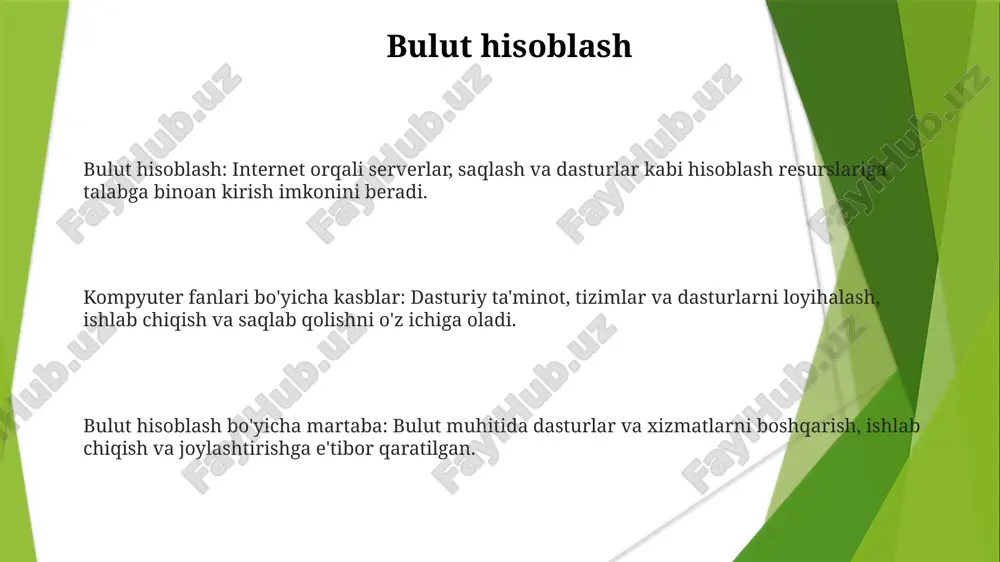 rtfon va planshetlar uchun ilovalarni loyihalash, qurish va ishga tushirish. o'yin ishlab chiqish o'yin rivojlantirish interaktiv tajribalarni yaratish uchun dasturlash, dizayn va san'atni o'z ichiga oladi. ikkala soha ham yuqori talab, muammolarni hal qilish imkoniyatlari va xilma-xil martaba yo'llarini taklif etadi. kompyuter fanlari kasblari dasturiy ta'minot muhandisligi, ma'lumotlar fanlari va kiberxavfsizlikni qamrab oladi. e'tiboringiz uchun rahmat @taqdimot_robot