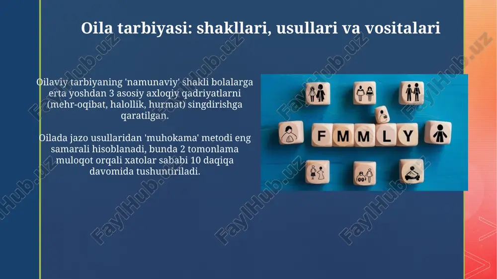 0% gacha xarajat qilishlari mumkin. tarbiyaviy funktsiya 0 yoshdan 18 yoshgacha bolalarga axloqiy, estetik normalarni singdirishni, 90% hollarda ota-onalar tomonidan amalga oshirilishini nazarda tutadi. oila a'zolarining o'zaro munosabatlari oila a'zolari o'rtasidagi o'zaro munosabatlar 7 asosiy turga bo'linadi, jumladan, sevgi, hurmat, ishonch va 4 ta salbiy tur: nafrat, qo'rquv, xiyonat va qasd olish. oiladagi munosabatlar 5 ta asosiy bosqichdan o'tadi: tanishuv, moslashuv, mojarolar, barqarorlik va 3-avlodning paydo bo'lishi, har bir bosqichda turli muammolar kelib chiqishi mumkin. oila muhiti va uning ta'siri oila muhiti shaxsning ijtimoiy rivojlanishida katta rol o'ynaydi, ayniqsa, 5-7 yosh oralig'ida bolaning xulq-atvori shakllanishiga 60% ta'sir ko'rsatadi. oila muhitida bolaning intellektual rivojlanishi uchun erta yoshdan boshlab kitob o'qish, savol-javob qilish, ta'limiy o'yinlar o'ynash kabi usullar 45% samara beradi. oila tarbiyasida xatoliklar va ularning oldini olish haddan tashqari nazorat bolaning mustaqilligini yo'qotishiga olib keladi. o'z fikriga ega bo'lishiga 7 yoshdan boshlab imkoniyat yarating va doimiy tanqid 50% natija bermaydi. munosabatlardagi …