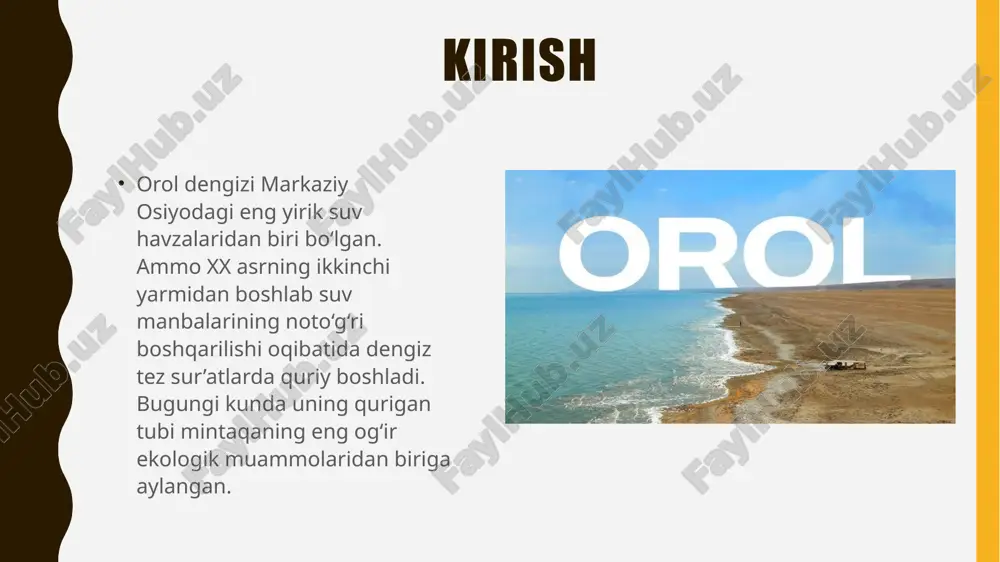 , atrof-muhit monitoringi kabi sohalarda muhim loyihalar amalga oshirilmoqda. xalqaro hamkorlik xalqaro hamkorlik, ekologik ta’limni kuchaytirish, aholining ekologik madaniyatini oshirish va barqaror rivojlanish tamoyillariga asoslangan siyosat orol muammosini bosqichma-bosqich bartaraf etishda muhim ahamiyat kasb etmoqda. qoraqalpog‘iston respublikasi va xorazm viloyatida “orolbo‘yi ekologik innovatsiya zonasi” tashkil etilib, bu yerda ilmiy tadqiqotlar, ekologik turizm va yashil energiya loyihalari yo‘lga qo‘yilmoqda. shu bilan birga, orol dengizining shimoliy qismida (qozog‘iston hududida) kichik orolni saqlab qolish maqsadida “kokaral to‘g‘oni” qurilishi natijasida ijobiy o‘zgarishlar kuzatilmoqda. xulosa orol dengizining qurishi insoniyat tarixidagi eng katta ekologik fojialardan biri bo‘ldi. uning oqibatlari nafaqat tabiatga, balki inson salomatligi va iqtisodiyotga ham chuqur zarar yetkazdi. bugungi kunda orolbo‘yi hududida amalga oshirilayotgan tiklash ishlari, ekologik dasturlar va xalqaro hamkorlik mintaqada hayotni barqarorlashtirishga xizmat qilmoqda. shunga qaramay, bu muammoni to‘liq bartaraf etish uchun uzoq muddatli va izchil choralar zarur. har bir fuqaroning ekologik ongini oshirish, tabiatga ehtiyotkorona munosabatda bo‘lish, suv resurslaridan oqilona foydalanish …