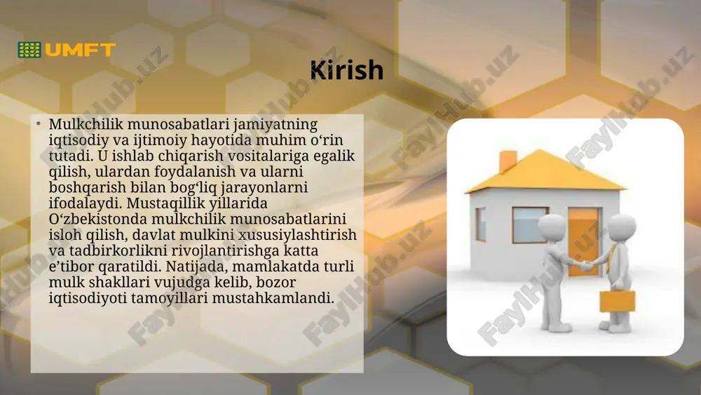 haytirishdan iborat. bu yo‘nalishda davlat tomonidan bir qator chora-tadbirlar amalga oshirilmoqda, jumladan: mulkni xususiylashtirish jarayonlarini soddalashtirish, tadbirkorlik subyektlariga soliq imtiyozlari berish, yer va bino-inshootlarni xususiy sektorga berish tartibini yengillashtirish. xususiy sektorlar mulkchilikni takomillashtirishning yana bir muhim yo‘nalishi — xususiy va davlat sektorlarining hamkorligini kengaytirishdir. “davlat-xususiy sheriklik” modeli asosida ko‘plab infratuzilma, transport, energetika va ijtimoiy soha loyihalari amalga oshirilmoqda. bu nafaqat iqtisodiy samaradorlikni oshiradi, balki yangi ish o‘rinlari yaratish va aholi farovonligini yuksaltirishga ham xizmat qiladi. xulosa mulkchilik munosabatlari jamiyatning iqtisodiy va ijtimoiy hayotida muhim o‘rin tutadi. tarixiy rivojlanish jarayonida turli mulk shakllari paydo bo‘lgan va bugungi kunda zamonaviy iqtisodiyotning poydevori sifatida xizmat qilmoqda. o‘zbekistonda mustaqillik yillarida xususiy mulkni rivojlantirish, davlat mulkini xususiylashtirish va tadbirkorlikni qo‘llab-quvvatlash orqali mulkchilik munosabatlari mustahkamlandi. kelajakda ularni takomillashtirish va raqamli iqtisodiyot imkoniyatlaridan foydalanish mamlakat taraqqiyotini yanada oshiradi. foydalanilgan adabiyotlar o‘zbekiston respublikasi prezidentining qarorlari va normativ-huquqiy hujjatlari. qodirov, a. (2020). iqtisodiyot va mulkchilik munosabatlari. toshkent: iqtisodiyot nashriyoti. …