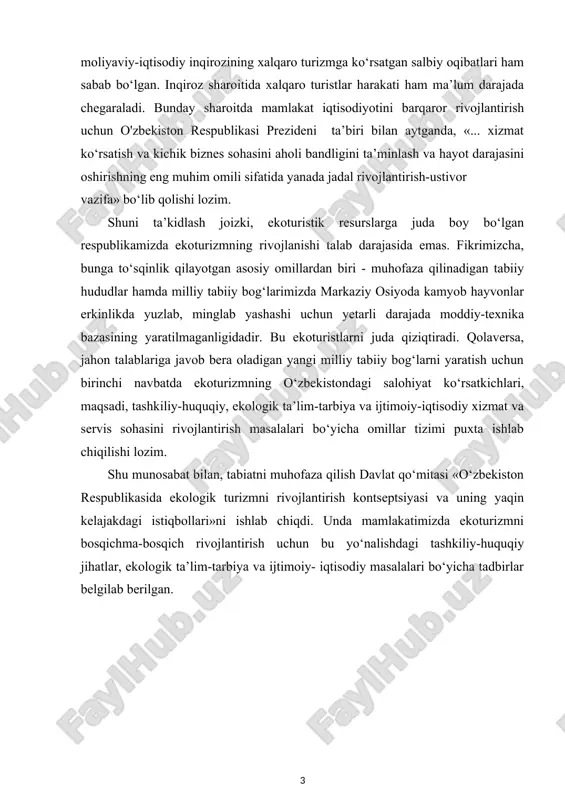 osiyoda kamyob hayvonlar erkinlikda yuzlab, minglab yashashi uchun yetarli darajada moddiy-texnika bazasining yaratilmaganligidadir. bu ekoturistlarni juda qiziqtiradi. qolaversa, jahon talablariga javob bera oladigan yangi milliy tabiiy bog‘larni yaratish uchun birinchi navbatda ekoturizmning o‘zbekistondagi salohiyat ko‘rsatkichlari, maqsadi, tashkiliy-huquqiy, ekologik ta’lim-tarbiya va ijtimoiy-iqtisodiy xizmat va servis sohasini rivojlantirish masalalari bo‘yicha omillar tizimi puxta ishlab chiqilishi lozim. shu munosabat bilan, tabiatni muhofaza qilish davlat qo‘mitasi «o‘zbekiston respublikasida ekologik turizmni rivojlantirish kontseptsiyasi va uning yaqin kelajakdagi istiqbollari»ni ishlab chiqdi. unda mamlakatimizda ekoturizmni bosqichma-bosqich rivojlantirish uchun bu yo‘nalishdagi tashkiliy-huquqiy jihatlar, ekologik ta’lim-tarbiya va ijtimoiy- iqtisodiy masalalari bo‘yicha tadbirlar belgilab berilgan. i-bob. ekologik turizm rivojlanishining nazariy uslubiy asoslari 1.1.ekologik turizmning ijtimoiy-iqtisodiy va nazariy asoslari tabiat quchog‘iga sayyohat qilishni tashkillashtirish to‘g‘risida fikr yuritganda, ko‘pincha “ekoturizm” atamasi tilga olinadi. aslida ekoturizm, bir tomondan, turistik bozorda jadal o‘sib kelayotgan tarmoq, ikkinchi tomondan esa insoning tabiatga ijobiy ta’siriga asoslangan tizim. qolaversa, u turizm infratuzilmasining ajralmas qismi bo‘lib, faqat g‘oyagina emas, …
