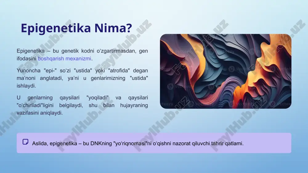 kelajagi kelajakda davolash usullari dnkning o‘zini emas, balki uning boshqaruvini maqsad qiladi. epigenetik terapiyalar gen ifodasini to‘g‘rilashga qaratilgan dorilar (masalan, dnk metiltransferaza ingibitorlari) saraton va boshqa kasalliklarni davolash uchun. shaxsiy tibbiyot har bir insonning epigenetik biomarkerlari asosida eng samarali davolash strategiyasini tanlash. profilaktika oziqlanish, jismoniy faollik va hayot tarzi o‘zgarishlari orqali epigenomni ijobiy tomonga boshqarish. 10 xulosa: moslashuvchan genetik kod gen ifodasi moslashuvchan dnk ketma-ketligi o‘zgarmas bo‘lishi mumkin, ammo uning qanday ifodalanishi tashqi va ichki omillarga qarab moslashuvchan bo‘ladi. hayot tarzining kuchi bizning atrof-muhit va turmush tarzimiz epigenom orqali sog‘lig‘imiz va kelajak avlodlarga ta’sir qiluvchi kuchli omillardir. yangi ufqlar epigenetika ilm-fani inson salomatligini yaxshilash, qarishni sekinlashtirish va kasalliklarni yanada samarali davolashda katta imkoniyatlar ochmoqda. 11 image2.png image4.png image5.png image6.png image7.png image15.png image8.png image9.png image10.png image11.png image12.png image13.png image14.png image16.png image17.png image18.png image19.png image20.png image21.png image22.png image23.png image24.png image25.png image26.png image27.png image28.png image29.png image30.png image31.png image32.png image33.png image1.png