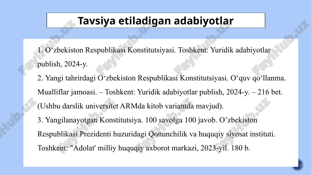 –hech kimga uning roziligisiz majburiyat yuklatilishi mumkin emas; –insonga nisbatan qo‘llaniladigan huquqiy ta’sir choralari mutanosiblik prinsipiga asoslanishi kerak; –har kim o‘z shaxsiga doir ma’lumotlarning himoya qilinishi huquqiga ega; –har kim mamlakat bo‘ylab erkin harakatlanish, turar va yashash joyini tanlash huquqiga ega; –har kim uy-joy daxlsizligi huquqiga ega. –har kim o‘z huquq va erkinliklarini qonunda taqiqlanmagan barcha usullar bilan himoya qilishga haqli. – shaxsning sudlanganligi va bundan kelib chiqadigan huquqiy oqibatlar uning qarindoshlari huquqlarini cheklash uchun asos bo‘lishi mumkin emas. 3.konstitutsiyada inson huquqlariga oid normalar yangilangan konstitutsiyamizning 26-moddasida insonning shaʼni va qadr-qimmati daxlsizdir, degan insonparvar norma mustahkamlandi. inson shaʼni – bu insonning boshqa odamlar oldida o‘z ahamiyatini anglashi yoki insonning maʼnaviy obro‘sidir. inson qadr-qimmati – bu shaxsning o‘zini o‘zi hurmat qilishi, jamiyat aʼzosi sifatida o‘z mavqei va ahamiyatini anglashidir. konstitutsiyamizning 21-moddasiga har bir inson o‘z shaxsini erkin kamol toptirish huquqiga ega, degan norma belgilandi. konstitutsiyamizning 21 moddasida hech kimga uning roziligisiz …