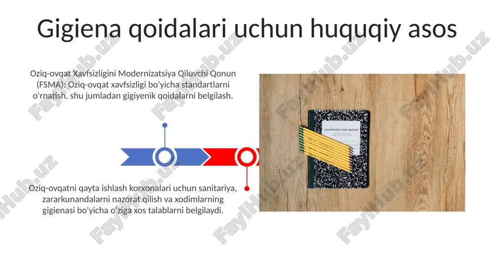 ovqat xavfsizligi, sanitariya va shaxsiy gigiena bo'yicha qoidalar bilan tanishib chiqing, bu ifloslanish va sog'liq uchun xavfni oldini olishga yordam beradi. ekologiya himoyasi qoidalari: xavfsiz va barqaror amaliyotlarni ta'minlash uchun chiqindi, chiqindilar va ifloslanishni tartibga soluvchi qoidalarni tushuning. hujjat yuritish talablari mahalliy va milliy gigiena qoidalari bilan tanishib chiqing. hujjatlarning kuzatish va xavfsizlik uchun ahamiyatini tushuning. ishchi qo'llanmalari davlat va federal mehnat qonunlarini o'rganing. xodimlar uchun imtiyozlar va ish haqi bo'limlarini ko'rib chiqing. e'tiboringiz uchun rahmat @taqdimot_robot image4.jpg image5.jpg image6.jpg image7.jpg image8.jpg image9.jpg image10.jpg image11.jpg image12.jpg image13.jpg image14.jpg image15.jpg image16.jpg image17.jpg image3.png image18.jpg image19.jpg image20.jpg image1.jpeg image2.jpeg