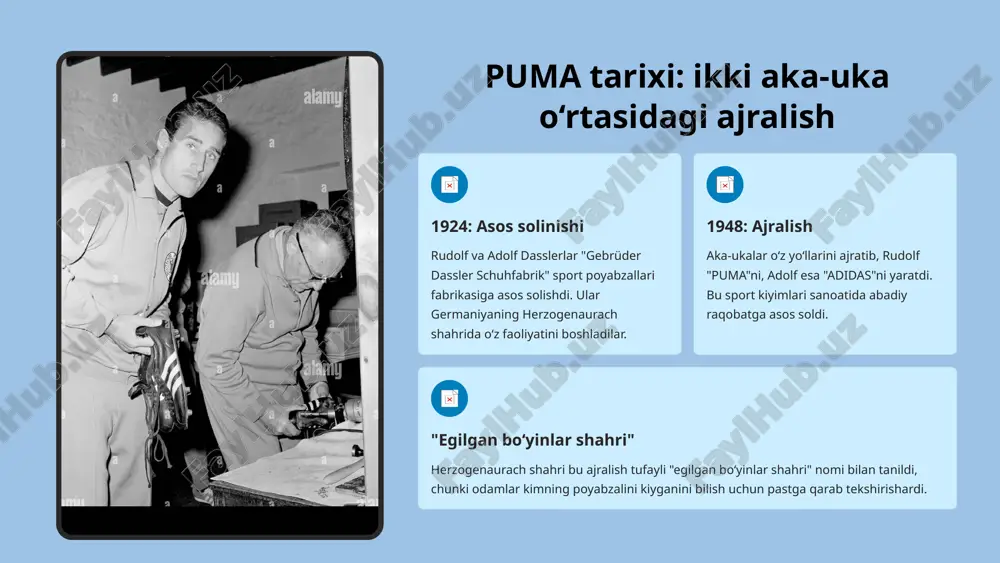 ining eng qimmatli o‘yinchilari puma kiyimlari va poyabzallarini kiyishadi. bu brendning futboldagi mavqeini mustahkamlaydi. keng qamrov: puma nafaqat yengil atletika va futbolda, balki kriket, basketbol va formula 1 kabi boshqa sport turlarida ham ko‘plab milliy jamoalar va shaxsiy sportchilarga homiylik qiladi. 8 innovatsiyalar va madaniyatga ta’siri puma sport texnologiyalari va ko‘cha modasi (streetwear) o‘rtasidagi chegaralarni doimiy ravishda kengaytirmoqda. madaniy ta'sir sport innovatsiyalari kelajak marketingi sport + madaniya madaniyat marketing sport + marketing puma 2025-yilda hindiston bozorida "pvma" nomli kuchli marketing kampaniyasi orqali yosh avlodni jalb qilishga qaratilgan harakatlar. badminton va boshqa sport turlarida faol homiylik va sportchilarning samaradorligini oshirish uchun yangi texnologiyalarni joriy etish. puma xalqaro moda uylari va taniqli shaxslar bilan hamkorlikda sport va madaniyatni uyg‘unlashtirgan yangi kolleksiyalarni muntazam ravishda chiqaradi, bu esa brendning madaniy ta'sirini kuchaytiradi. 9 puma va raqobat: adidas bilan doimiy kurash puma va adidas o‘rtasidagi raqobat shunchaki biznes emas, balki chuqur oilaviy va mahalliy merosdir. …