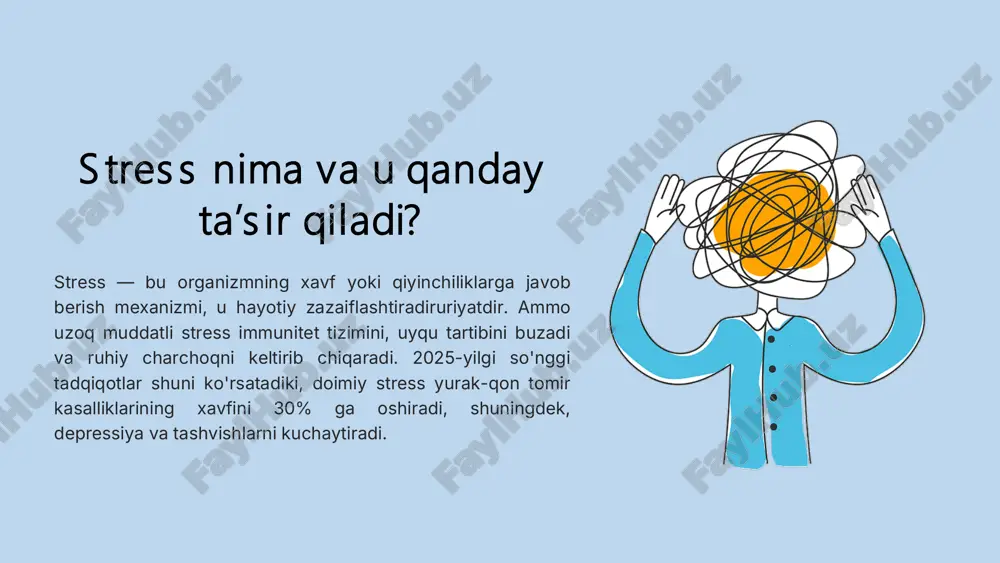 strategiyalarni ishlab chiqishga yordam beradi. onlayn terapiya ishonchli platformalar orqali masofaviy maslahat oling, vaqt va joy cheklovlarini bartaraf eting. guruhlar va treninglar qo'llab-quvvatlash guruhlari va seminarlarda tajriba almashing, yangi vositalarni o'rganing. professional yordam stressni kamaytirishda eng samarali usullardan biri bo'lib, uzoq muddatli natijalarga olib keladi. hozir harakat qiling! xulosa: psixologik barqarorlikni rivojlantiring, stressni boshlang, hayotingizni yaxshilang! stressni boshqarish — bu o'z hayotingizga to'liq egalik qilishdir. har birimizda ichki kuch bor, uni rivojlantirish orqali barqarorlikni oshiring. bugun kichik qadam tashlang: jurnal boshlang yoki mashq qiling — bu katta o'zgarishlarga olib keladi va sizni baxtliroq hayotga yetaklaydi. bugun boshlang! sizda bu kuch bor.