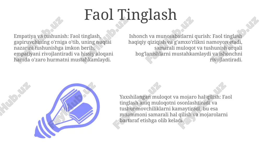rish uchun juda muhimdir. noverbal aloqa noverbal muloqotni tushunish samarali muloqot uchun juda muhim. tana tili, yuz ifodasi va ovoz ohangi muhim elementlardir. noverbal xatti-harakatlar his-tuyg'ular, munosabatlar va niyatlarni etkazib beradi. hissiy intellekt add text add text add text add text add text add text boshqalarning his-tuyg'ularini tushunish va ularga javob berish. samarali muloqot orqali mustahkam va ijobiy munosabatlarni qurish. o'z his-tuyg'ularingizni tushunish va boshqarish. kommunikatsiya va ruhiy salomatlik 01 02 03 yordam so'rash, o'zini himoya qilish va ruhiy salomatlik muammolarini boshqarish uchun muloqot ko'nikmalari muhim. muloqot fikrlar, his-tuyg'ular va xatti-harakatlarni shakllantiradi, ruhiy salomatlikka ta'sir qiladi. samarali muloqot kuchli munosabatlarni quradi, stress va yolg'izlikni kamaytiradi. sales 1st qtr 2nd qtr 100 0 sales 1st qtr 2nd qtr 100 0 sales 1st qtr 2nd qtr 100 0 e'tiboringiz uchun rahmat @taqdimot_robot image1.jpeg image2.jpeg image3.jpeg