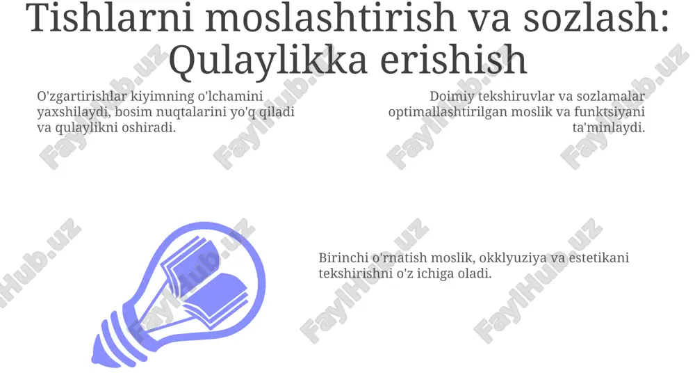 incha va mashq qilishni talab qiladi. tishlarni echib olish mumkin va har kuni tozalash kerak. tishlarni qulay moslash uchun sozlash kerak bo'lishi mumkin. protezlaringizni qanday parvarish qilish: tozalash va saqlash har kuni protezlaringizni yumshoq qilli cho'tka va protez tozalagich bilan tozalang. tish shifokoringizga muntazam tekshiruv va tuzatish uchun boring. tish shifokoringizga muntazam tekshiruv va tuzatish uchun boring. protezlarda ishlatiladigan materiallar: tanlovlarni tushunish metall: qisman protezlar uchun ishlatiladi, mustahkam va bardoshli. naylon: elastik, qulay va dog'ga chidamli. akril qatron: eng keng tarqalgan, bardoshli, arzon va ta'mirlash oson. protez bilan gapirish: o'z ovozingizni topish artikulyasiya mashqlarini bajaring va vizual vositalardan foydalanib, muloqot aniqligini oshiring. to'g'ri protez mosligi aniq nutq uchun juda muhim. agar gapirishda qiyinchiliklarga duch kelsangiz, shifokoringizga murojaat qiling. protez bilan gapirish dastlab qiyin boʻlishi mumkin, lekin mashq va toʻgʻri texnikalar yordamida siz tabiiy ovozingizni qayta tiklashingiz mumkin. chiqarib olinadigan protez turlari to'liq protezlar: bir kamarda barcha tishlarni almashtiradi. implant yoki …
