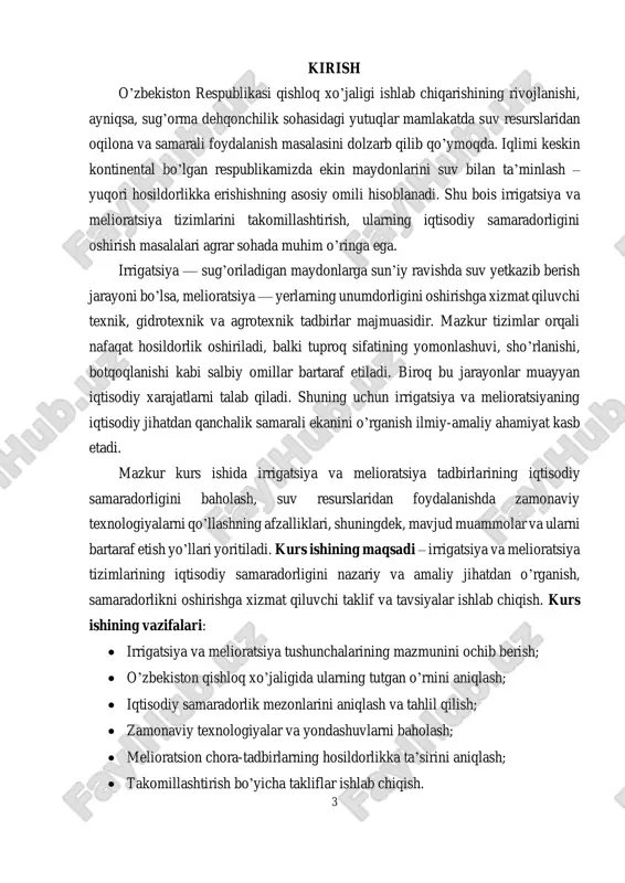 . irrigatio – sug’orish) – bu suv resurslaridan foydalangan holda ekin maydonlarini sun’iy sug’orish jarayonidir. irrigatsiya yordamida tuproqdagi namlik me’yorda saqlanadi, bu esa o’simliklarning normal o’sishiga, yuqori hosil olishga zamin yaratadi. sug’orish tizimlari — kanal, ariq, quvurlar va boshqa inshootlar orqali tashkil etiladi. sug’orish rejimlari ekin turi, iqlim sharoiti va tuproq xususiyatlariga qarab belgilanadi. melioratsiya (lot. melioratio – yaxshilash) – bu yerlar holatini yaxshilashga qaratilgan agrotexnik, gidrotexnik, kimyoviy va boshqa chora-tadbirlar tizimidir. melioratsiya orqali tuproqning sho’rlanishi, botqoqlanishi, zichlashuvi, eroziyaga uchrashi kabi salbiy jarayonlarning oldi olinadi. melioratsiya ishlari sug’oriladigan yerlar sifatini saqlash va tiklashda alohida ahamiyatga ega. melioratsiya turlari quyidagilardan iborat:  gidrotexnik melioratsiya – yerlarni suv bilan ta’minlash yoki drenaj yo’li bilan ortiqcha suvdan qutqarish;  kimyoviy melioratsiya – sho’rlangan yerlarni gipslash yoki boshqa kimyoviy moddalar bilan zararsizlantirish;  agromelioratsiya – almashlab ekish, tuproqni mexanik ishlash, o’simlik qoldiqlaridan foydalanish orqali unumdorlikni oshirish. zamonaviy yondashuvda irrigatsiya va melioratsiya birgalikda qaraladi, chunki …