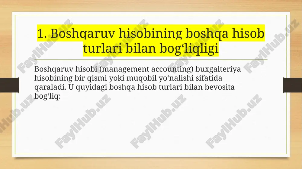 n ma’lumotlar qaror qabul qilishga yo‘naltirilgan ha, strategik, operatsion qarorlar uchun yordam beradi faqat holatni ko‘rsatadi, qarorlar uchun qo‘shimcha tahlillarga ehtiyoj bo‘ladi moslashuvchanlik juda moslashuvchan, tezkor tuzilishi mumkin kiritish mumkin emas, standartlar qat’iy 3 boshqaruv va moliyaviy hisoblarning farqlari quyida eng muhim farqlarni ajratib ko‘ramiz: 1. ma’lumotlar foydalanish nuqtai nazari boshqaruv hisobi — ichki foydalanuvchilarga mo‘ljallangan, u rahbarlar uchun kerakli ma’lumotlar beradi. moliyaviy hisobot — tashqi va ichki manfaatdorlar uchun, korxona moliyaviy holatini ko‘rsatuvchi rasmiy hujjat. 2. hisobotning shakli va tartibi boshqaruv hisobi shakli belgilangan emas, rahbarlar talabiga binoan tuziladi. moliyaviy hisobot shakllari qonun va standartlar bilan belgilangan, belgilangan formatda bo‘lishi shart. 3. hisobot davri boshqaruv hisobi istalgan davrda tuzilishi mumkin (har kuni, haftalik, oylik). moliyaviy hisobot odatda belgilangan davrlar (chorak, yillik) bo‘yicha tuziladi. 4. o‘lchov birligi boshqaruv hisobi pul bo‘lmagan ko‘rsatkichlarni ham qo‘llashi mumkin (masalan, mahsulot miqdori, ish soati). moliyaviy hisobotda barcha ko‘rsatkichlar pul birligida ifodalanadi. 5. ma’lumotlarning aniqligi …