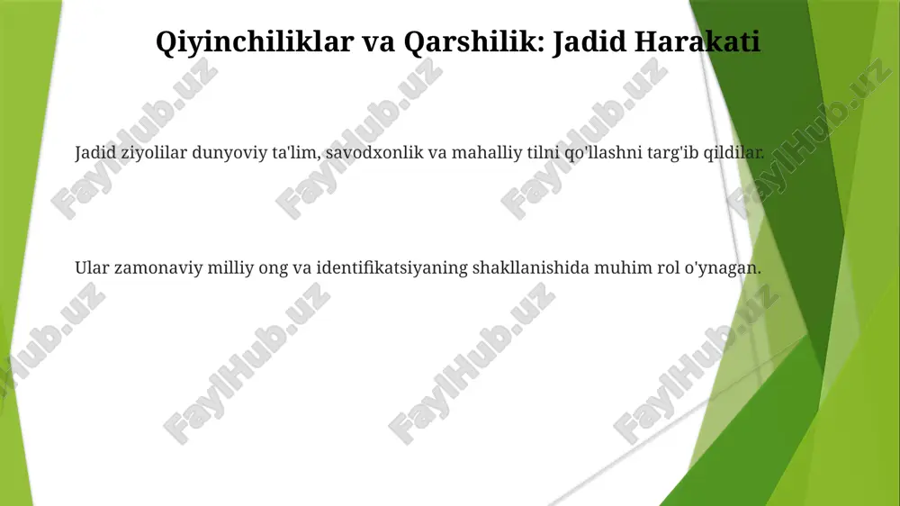 rivojlantirish. milliy ong va identifikatsiyani rivojlantirishga hissa qo'shdi. ijtimoiy taraqqiyotni himoya qildi, an'anaviy amaliyotlarga qarshi chiqdi va dunyoviylikni targ'ib qildi. jadidlarning ijtimoiy faoliyati: tenglik va taraqqiyotni targ'ib qilish. mahalliy tillar va adabiyotning rivojiga hissa qo'shdi. zamonaviy ta'lim tizimlarini rivojlantirish va dunyoviy bilimlarni targ'ib qilishda peshqadam bo'ldi. jinslar tengligi va ayollar uchun ta'limni targ'ib qilgan. e'tiboringiz uchun rahmat @taqdimot_robot