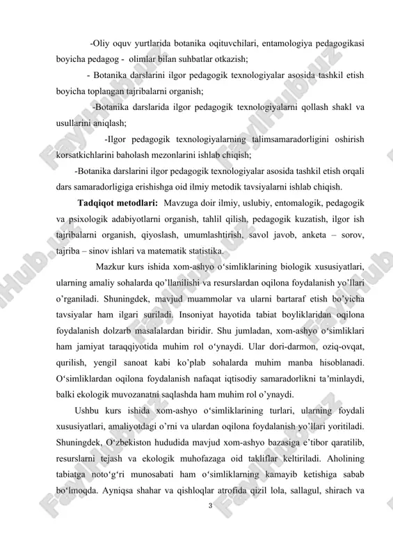 lalardan biridir. shu jumladan, xom-ashyo oʻsimliklari ham jamiyat taraqqiyotida muhim rol oʻynaydi. ular dori-darmon, oziq-ovqat, qurilish, yengil sanoat kabi ko’plab sohalarda muhim manba hisoblanadi. oʻsimliklardan oqilona foydalanish nafaqat iqtisodiy samaradorlikni taʼminlaydi, balki ekologik muvozanatni saqlashda ham muhim rol o’ynaydi. ushbu kurs ishida xom-ashyo oʻsimliklarining turlari, ularning foydali xususiyatlari, amaliyotdagi o’rni va ulardan oqilona foydalanish yo’llari yoritiladi. shuningdek, oʻzbekiston hududida mavjud xom-ashyo bazasiga e’tibor qaratilib, resurslarni tejash va ekologik muhofazaga oid takliflar keltiriladi. aholining tabiatga notoʻgʻri munosabati ham oʻsimliklarning kamayib ketishiga sabab boʻlmoqda. ayniqsa shahar va qishloqlar atrofida qizil lola, sallagul, shirach va shunga oʻxshash nafis gulli oʻsimliklar juda kamayib ketgan. tabiatga, oʻsimliklar dunyosiga nisbatan bepisand munosabatda boʻlishiga chek qoʻyish, tabiat boyliklarini muhofaza qilish va koʻpaytirish hammamizning asosiy burchimizdir. oʻzbekiston mustaqillikka erishgach, atrof-muhitni, hayvonot va oʻsimliklar dunyosini muhofaza qilishga alohida eʼtibor qaratildi. 1992-yil 9-dekabrda “tabiatni muhofaza qilish toʻgʻrisida”gi, 2004-yil 3-dekabrda “muhofaza etiladigan tabiy hududlar toʻgʻrisida«gi qonunlar, 2016-yil 21-sentyabrda “oʻsimlik dunyosini muhofaza …