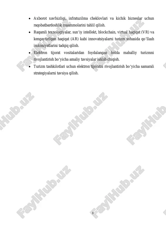 chun elektron tijorat xizmatlari kundan-kunga ommalashmoqda. misol uchun, kayak va skyscanner kabi platformalar foydalanuvchilarga arzon narxdagi variantlarni izlashda yordam beradi. elektron chiptalar sayohatchilarga vaqtni tejash va ularning harakatlarini qulay rejalashtirish imkoniyatini beradi. virtual ekskursiyalar va xizmatlar. elektron tijorat orqali virtual ekskursiyalar va sayohat xizmatlarini taklif qilish ham rivojlanmoqda. virtual haqiqat (vr) texnologiyalari yordamida sayyohlar sayohat qilishdan oldin yo’nalishlar va joylarni ko’rish imkoniga ega. bu nafaqat marketing vositasi sifatida xizmat qiladi, balki sayyohlarning ishonchini oshirishga yordam beradi. elektron tijorat va ijtimoiy media marketing: turizm kompaniyalari elektron tijoratni ijtimoiy media platformalari bilan birlashtirib, mijozlarni jalb qilish va xizmatlarini targ’ib qilishda foydalanadi. masalan, instagram va facebook orqali reklama qilinayotgan mehmonxonalar va yo’nalishlar mijozlarning e’tiborini tortmoqda. 5 sayyohlik paketlari va xizmatlarni onlayn xarid qilish. turizm kompaniyalari elektron tijorat orqali sayyohlik paketlari, ekskursiyalar, qo’llanma xizmatlari va boshqa xizmatlarni sotishni taklif qiladi. misol uchun, tripadvisor kabi platformalar orqali foydalanuvchilar faqatgina xizmatlarni bron qilibgina qolmay, balki mijozlarning …