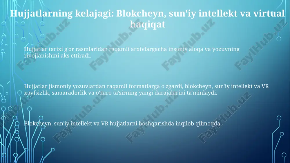 bog'liq. hujjatlar jismoniy qo'lyozmalaridan raqamli fayllarga o'zgargan bo'lib, bu texnologik taraqqiyot va o'zgarib boruvchi ma'lumot ehtiyojlarini aks ettiradi. aloqa tongi: g'or rasmlari va dastlabki ramzlar yozuv tizimlari, masalan, klinopis va iyerogliflarning rivojlanishi aloqa sohasida muhim sakrash bo'ldi, bu bilimni qayd etish va saqlashga imkon yaratdi. papyrus rulonlaridan loy taxtachalarga qadar hujjatlar ma'lumotlarni saqlash va uzatish vositalari sifatida rivojlanib, insoniyat tarixining yo'nalishini shakllantirdi. g'or rasmlari va dastlabki belgilar aloqaning eng qadimgi shakllari bo'lib, hikoyalar, e'tiqodlar va marosimlarni etkazgan. raqamli hujjatlar: mashinalardan matn muharrirlarigacha raqamli hujjatlar yozuv mashinkalaridan kelib chiqqan bo'lib, jismoniy qog'ozni elektron saqlash bilan almashtirdi. 1970-yillarda so'z protsessorlarining rivojlanishi hujjatlarni osonroq yaratish, tahrirlash va ulashish imkonini berdi. shaxsiy kompyuterlar va internetning rivojlanishi hujjatlarni yaratish va tarqatishni inqilob qildi va zamonaviy raqamli hujjatlar davriga olib keldi. bosma matbaa: bilimlarni va aloqani inqilob qilish bosma xizmati aloqani inqilob qildi, g'oyalar va ma'lumotlar tarqalishini tezlashtirdi. kitoblarni ommaviy ishlab chiqarishga imkon bergan bosma press …