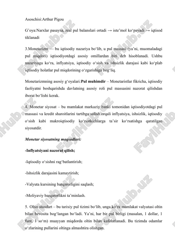 hgan – ya'ni, ko‘proq mahsulot eksport qilib, kamroq import qilish kerak. 3. davlat iqtisodiyotga faol aralashishi lozim: ular davlat savdoni tartibga solishi, eksportni rag‘batlantirishi va importga cheklovlar qo‘yishi kerak deb hisoblashgan (masalan, bojxona to‘lovlari, kvotalar). 4. milliy sanoatni rivojlantirish: mahalliy ishlab chiqarishni qo‘llab-quvvatlash orqali importga bo‘lgan ehtiyojni kamaytirish muhim deb qaralgan. 5. koloniyalarni qo‘llab-quvvatlash: ko‘plab merkantilistlar koloniyalarni resurs manbasi va yangi bozor sifatida ko‘rgan. 2.pulning metallilik nazariyasiga -nisbatan tanqidiy qarashlar deganda, asosan, ushbu nazariyaning ba'zi cheklovlari va zaif tomonlari haqida bildirilgan fikrlar nazarda tutiladi. metallilik nazariyasi, asosan, metallarning elektr toki va issiqlikni o'tkazish xususiyatlarini, ularning mustahkamligi, yorug'likni yutish va aks ettirish xususiyatlarini hamda boshqa metallarga xos xususiyatlarni tushuntirishga qaratilgan. biroq, ushbu nazariyaga nisbatan tanqidiy qarashlar quyidagi asosiy jihatlarni o'z ichiga oladi: a)modelning soddalashtirilganligi: metallilik nazariyasi, odatda, elektronlarni xususiy holatda va to'g'ri tahlil qilishni talab qiladigan murakkab tizim sifatida tasvirlamaydi. bu soddalashtirilgan model turli metallar va materiallarga to'g'ri kelmasligi mumkin, chunki …
