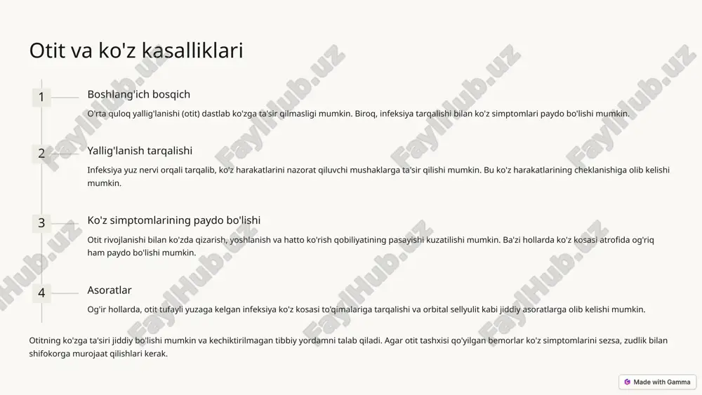 ko'pincha virusli infeksiyalar natijasida kelib chiqadi va ko'zga ham ta'sir qilishi mumkin. bunday hollarda kon'yunktivit rivojlanishi mumkin, bu esa ko'zning qizarishi, achishishi va ko'p miqdorda suyuqlik ajralishiga olib keladi. 3 laringit va ko'z laringit (hiqildoq yallig'lanishi) to'g'ridan-to'g'ri ko'zga ta'sir qilmasa-da, uning ba'zi simptomlari, masalan yo'tal, ko'z ichki bosimining vaqtincha oshishiga olib kelishi mumkin. bu ayniqsa glaukoma xavfi yuqori bo'lgan bemorlarda e'tiborga olinishi kerak. tomoq kasalliklarining ko'zga ta'siri ko'pincha e'tibordan chetda qoladi. biroq, bu aloqani tushunish va to'g'ri baholash umumiy sog'liqni saqlash va potentsial asoratlarning oldini olish uchun muhimdir. 5 lor kasalliklarining ko'z harakat tizimiga ta'siri sinusit ta'siri sinusit ko'z harakatlarini boshqaruvchi mushaklarga ta'sir qilishi mumkin. etmoid sinusning yallig'lanishi medial to'g'ri mushakka ta'sir qilib, ko'zning ichkariga harakatini cheklashi mumkin. otit asoratlari o'rta quloq yallig'lanishi yuz nerviga ta'sir qilishi mumkin, bu esa ko'z yumish qobiliyatini pasaytirishi mumkin. bu holat lagoftalm deb ataladi va ko'zning qurishiga olib kelishi mumkin. tomoq infeksiyalari ba'zi tomoq …