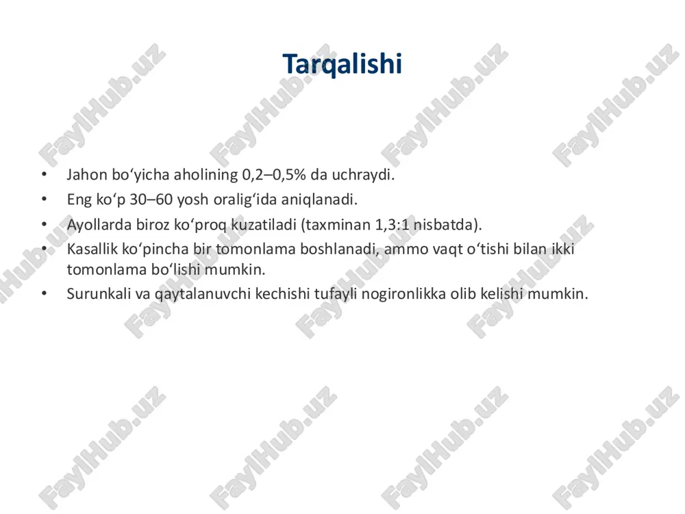" guruh talabasi qo’chqorov abrorjonning mustaqil ishi slide 2: kirish slide 3: tarqalishi slide 4: etiologiyasi slide 5: klinik belgilari slide 6: tashxis slide 7: an’anaviy davolash slide 8: zamonaviy davo usullari slide 9: yangi yondashuvlar slide 10: xulosa