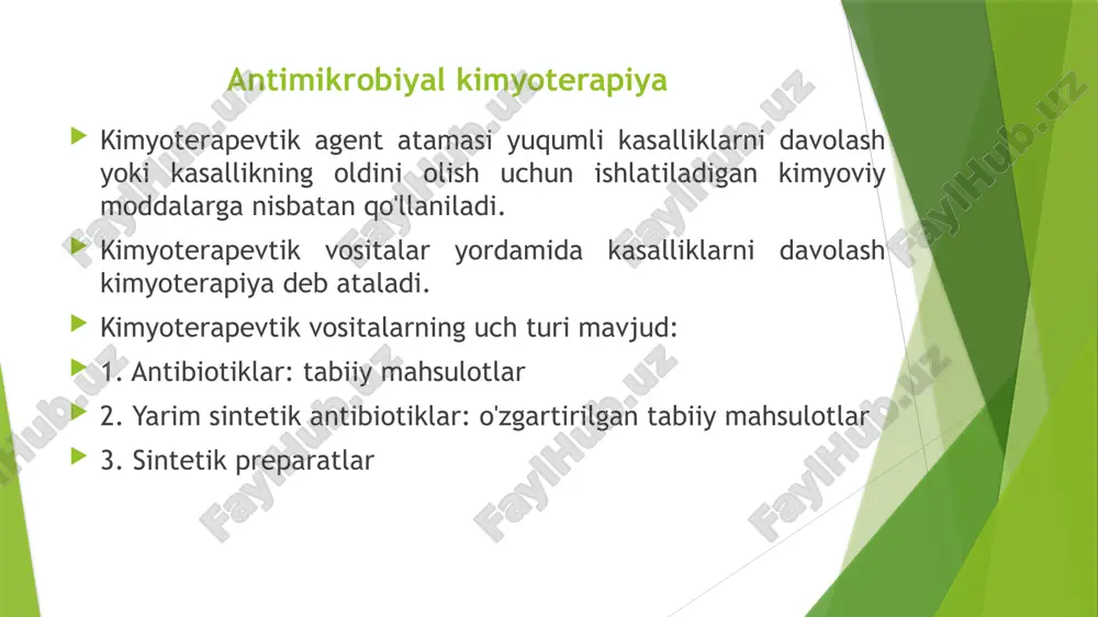 . bakterial hujayra devorlarining sintezini ingibitorlovchi vositalar penitsillinlar va sefalosporinlar, sikloserin, vankomitsin, bacitracin, azol antifungal vositalar (klotrimazol, flukonazol, trakonazol) mikroorganizmlarning hujayra membranalariga bevosita ta'sir qiluvchi vositalar: polimiksin, polienli, antifungal vositalar (nistatin, amfoterisin b) 30s yoki 50s ribosoma bo'linmalarining funktsiyasiga ta'sir qiluvchi vositalar, oqsil sintezining teskari ingibitoriga olib keladi. bakteriostatik dorilar: xloramfenikol, tetratsiklinlar, eritromitsin, klindamitsin, pristinamitsinlar. 30s ribosoma bo'linmasi bilan bog'laydigan va oqsil sintezini o'zgartiradigan agentlar, natijada hujayra o'limiga olib keladi. aminoglikozidlar. bakterial nuklein kislota metabolizmiga ta'sir qiluvchi vositalar. rnk polimerazasini ingibitorlovchi rifamisinlar. topoizomerazlarni ingibitorlovchi xinolonlar. antibiotiklarning ta’sir qilish mexanizmlari anti-metabolitlar. shu jumladan trimetoprim va sulfanilamidlar antiviral vositalar. nuklein kislota analoglari, nukleozid bo'lmagan teskari transkriptaza inhibitörleri, virusli fermentlarning ingibitorlari bakteriostatik vositalar. sulfanilamidlar, tetratsiklinlar, xloramfenikol, eritromitsin, etambutol. bakteritsid moddalar. penitsillinlar / sefalosporinlar / karbapenemlar, aminoglikozidlar, rifampinisoniazid, pirazinamid, tsefalosporinlar, vankomitsin, nalidiks kislotasi, siprofloksatsin, metronidazol va kotrimoksazol ideal dori* tanlangan toksiklik: maqsadli patogenga qarshi, lekin xostga qarshi emas ld50 (yuqori) va mic va/yoki mbc …