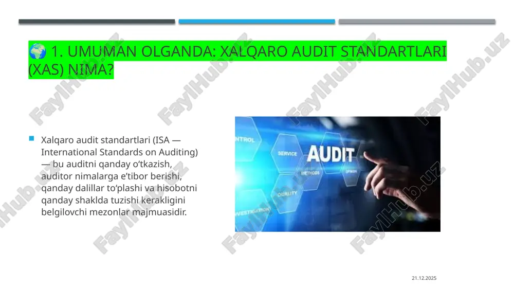 alillarni yetarli yig‘masa va noto‘g‘ri xulosa bersa, u kasbiy javobgarlikka tortilishi mumkin. ammo agar korxona ma’lumotni yashirgan bo‘lsa, auditor javobgar bo‘lmaydi. 07.11.2025 🔹 3. moliyaviy axborot ishonchliligini oshirish 💡 ma’nosi: auditorlik tekshiruvi orqali korxona hisobotlari xolis, to‘g‘ri va ishonchli ekaniga kafolat darajasida ishonch hosil qilinadi. 📈 natijasi: investorlar, banklar, davlat organlari bu ma’lumotlarga ishonadi. hisobotga nisbatan ishonch ortadi. moliyaviy bozorlar barqaror ishlaydi. 💬 misol: agar “navro‘z mchj”ning hisobotini xalqaro standart asosida tekshirgan auditor “hisobot ishonchli” desa, xorijiy investor bu korxonaga pul kiritishga jur’at qiladi, chunki audit xalqaro talabga javob beradi. 07.11.2025 🔹 4. turli mamlakatlarda audit natijalarining taqqoslanishini ta’minlash 🌍 ma’nosi: har bir mamlakat o‘z qonunlariga ega, lekin audit xalqaro standartlarga asoslangani uchun, ularning natijalari taqqoslanadigan bo‘ladi. 🤝 foydasi: xalqaro kompaniyalar o‘rtasida solishtirish osonlashadi. auditorlar, investorlar va davlatlar bir xil tilda “gaplasha” oladi. transmilliy korxonalarda audit natijalari global miqyosda qabul qilinadi. 💬 misol: agar “uzauto motors”ni o‘zbekistonda, “toyota”ni esa yaponiyada …