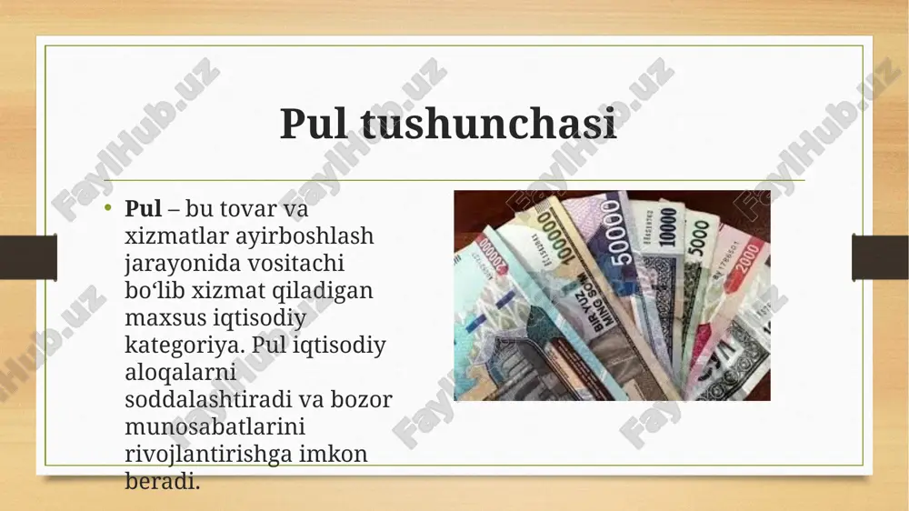 n vaqtda tovar yoki xizmatga ayirboshlash imkonini beradi. zamonaviy iqtisodiyotda naqd va naqd pulsiz pul shakllari keng tarqalgan. kriptovalyutalar va raqamli to‘lov tizimlari pulning kelajakdagi rivojlanish yo‘nalishlaridan biridir. pulning to‘g‘ri boshqarilishi iqtisodiy barqarorlik va farovonlikni ta’minlaydi. foydalanilgan adabiyotlar suyunov u., karimov s. – pul-kredit va banklar abdukarimov i., tursunov b. – pul va kredit nazariyasi qo‘chqorov o., abduqodirov a. – iqtisodiyot nazariyasi hasanov b. – pul-kredit va bank ishi to‘laganov a., jo‘rayev h. – moliyaviy tizim va uning rivojlanishi tursunov b., ergashev i. – bank ishi va pul muomalasi o‘zbekiston respublikasi markaziy banki rasmiy materiallari va hisobotlari – (https://cbu.uz) karimov n. – moliyaviy hisobot va pul-kredit siyosati yo‘ldoshev sh., rahmonov a. – makroiqtisodiyot asoslari google chatgpt e’tiboringiz uchun rahmat image5.png image6.png image7.jpg image8.jpg image9.jpg image10.jpg image11.jpg image12.jpg image13.jpg image3.png image4.png /docprops/thumbnail.jpeg
