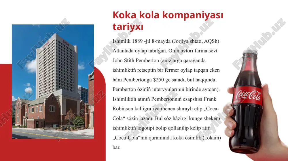 iliklerin keńeytiw hám dúnya boylap jámáátlerde taza suwdan paydalanıwdı qollap -quwatlaydı. corporate social responsibility coca-cola strategiyalıq sheriklik arqalı innovatsiyalardı rawajlandırıwda dawam etpekte. apple hám google sıyaqlı texnologiya kompaniyaları menen sheriklik cifrlı marketing hám klientlerdi tartıwdı jaqsılaydı. innovaciya hám sheriklik coca cola birinshi márte nervlardı tınıshlandiratuǵın ishimlik retinde bazarlarǵa shıǵa baslaǵan.. dúnyanıń tek eki mámleketi coca-colani satpaydi: arqa korea hám kuba. coca cola birinshi jılı tek 25 shıyshe ishimlik satqan. búgingi kunge kelip ol kúnine 1, 8 milliard shıyshe satpaqta. 2015 jılda coca cola apple hám googledan keyin dúnyadaǵı úshinshi qımbat bahalı brendke aylandı. qızıqlı faktlar qızıqlı faktler coke brendi 83, 8 milliard dollardan kóbirek aqshanı quraydı, bul kfc, subway hám budweiser kompaniyalar qarjların qosqan daǵı muǵdardan da kóbirek. coca-cola atı óziniń túp strukturalıq bólimlerinen ekewin ańlatadı, yaǵniy kola ǵozalar hám koka japıraqlar. coca cola ishimligi lıq-lıq tutqanda ishilse insandı odan qutqaradı eken. coca-cola" so'zi "ok" so'zinen keyin ekinshi eń taniqli …