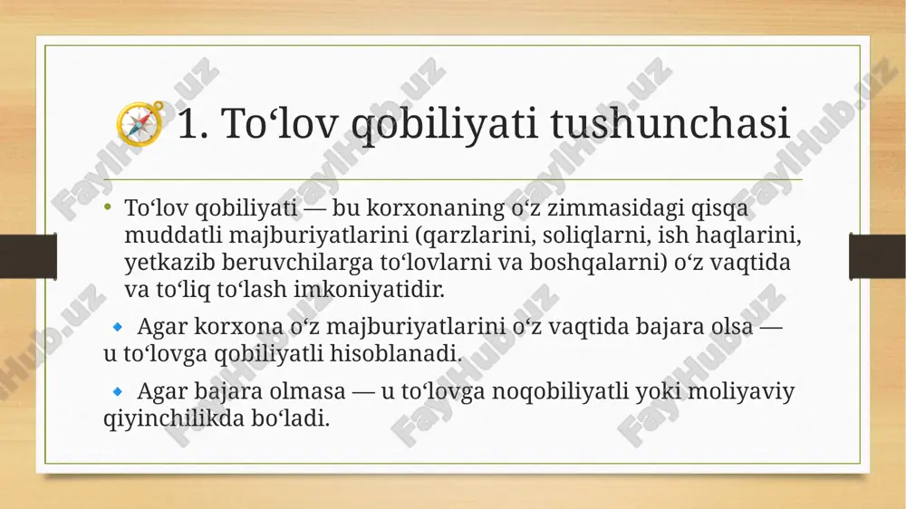 ish mumkin: oʻz va qisqa muddatli qarz mablagʻlarning nisbat koeffitsiyenti — oʻqk; ishlab chiqarish quvvatlaridan foydalanish koeffitsiyenti — qfk; asosiy vositalarning eskirish koeffitsiyenti — avek. bunda iqtisodiy tahlil etilishi lozim boʻlgan korxonalar quyidagi koʻrsatkichlar orqali tanlab olinadi: pullik majburiyatlar va majburiy toʻlovlar boʻyicha ularni toʻlash kunidan uch oydan ortiq muddati oʻtgan kreditorlik qarzlarining mavjudligi; korxonaning toʻlovga qobiliyatsizligi, yaʼni qisqa muddatli qarzlarini joriy aktivlari bilan qoplay olmasligi; past rentabelilik yoki zararlilik. iv. korxonalarni guruhlar boʻyicha ajratish 11. “iqtisodiy qodir” guruhiga “iqtisodiy tavakkalchilik” va “iqtisodiy nochor” guruhlariga kirmaydigan korxonalar mansubdir. 12. “iqtisodiy tavakkalchilik” guruhiga kiruvchi korxonalar iii boʻlimning 5-bandida koʻrsatilgan toʻlov qobiliyatiga ega emaslik belgilari yoki iii boʻlimning 7-8-bandlarida koʻrsatilgan past rentabellik va moliyaviy tavakkalchilik belgilari mavjudligiga qarab aniqlanadi. 13. “iqtisodiy nochor” guruhiga kiruvchi korxonalar pullik majburiyatlar va majburiy toʻlovlar boʻyicha ularni toʻlash kunidan uch oydan ortiq muddati oʻtgan kreditorlik qarzlarining mavjudligiga qarab aniqlanadi. bunda: “toʻlov qobiliyatini tiklash imkoniyatiga ega” korxonalarga yuqoridagi …